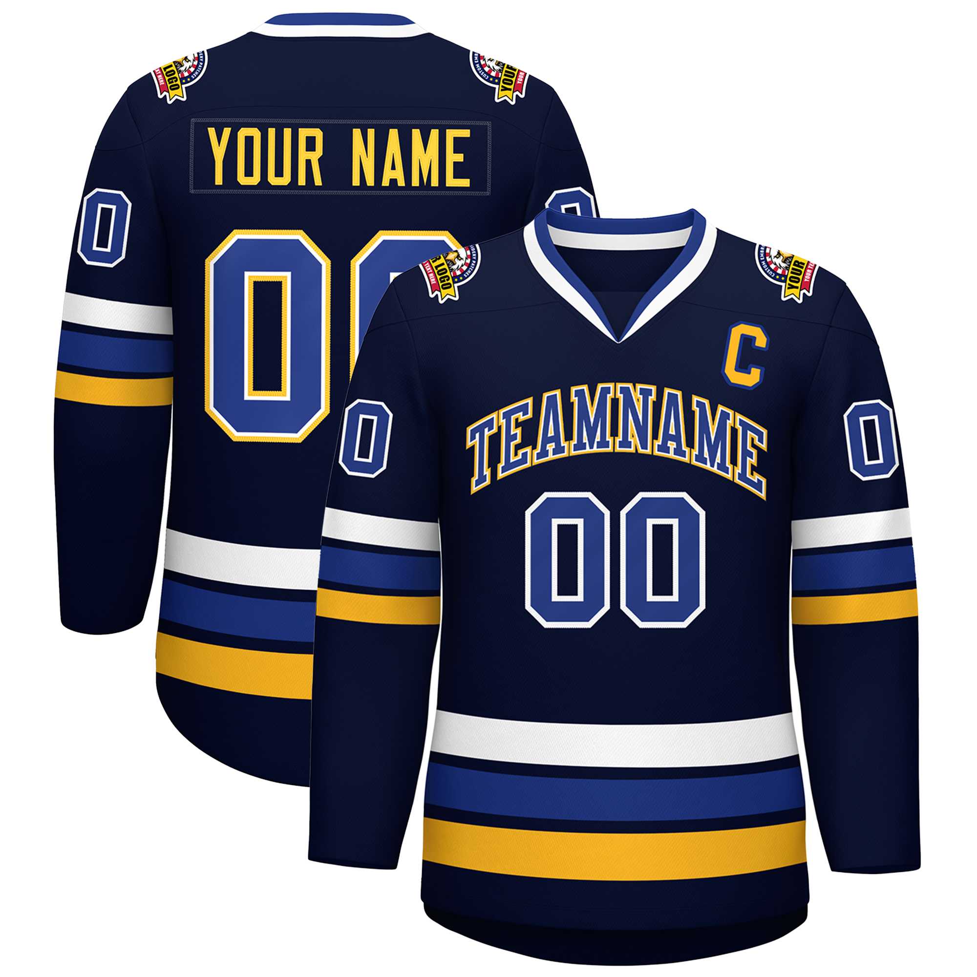 Custom Navy Royal White-Gold Classic Style Hockey Jersey