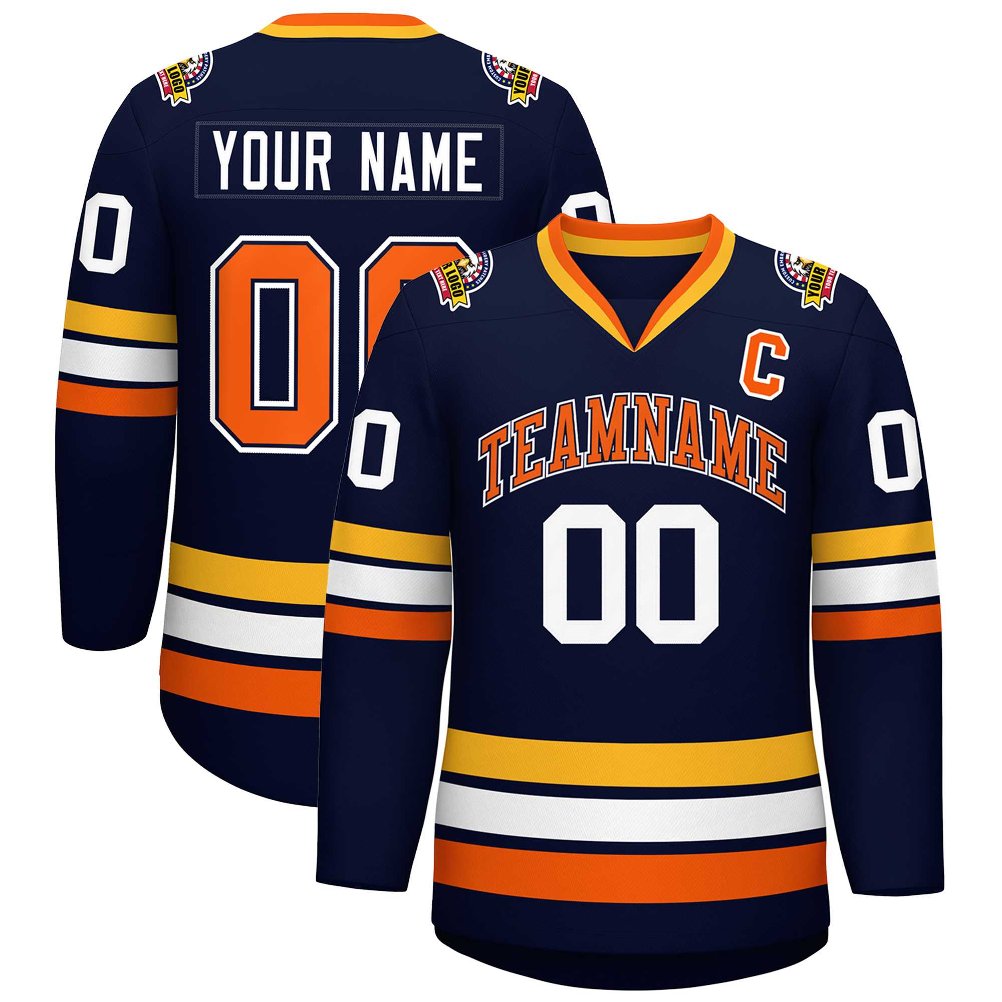 Custom Navy Orange Navy-White Classic Style Hockey Jersey