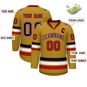 Custom Old Gold Navy White-Red Classic Style Hockey Jersey