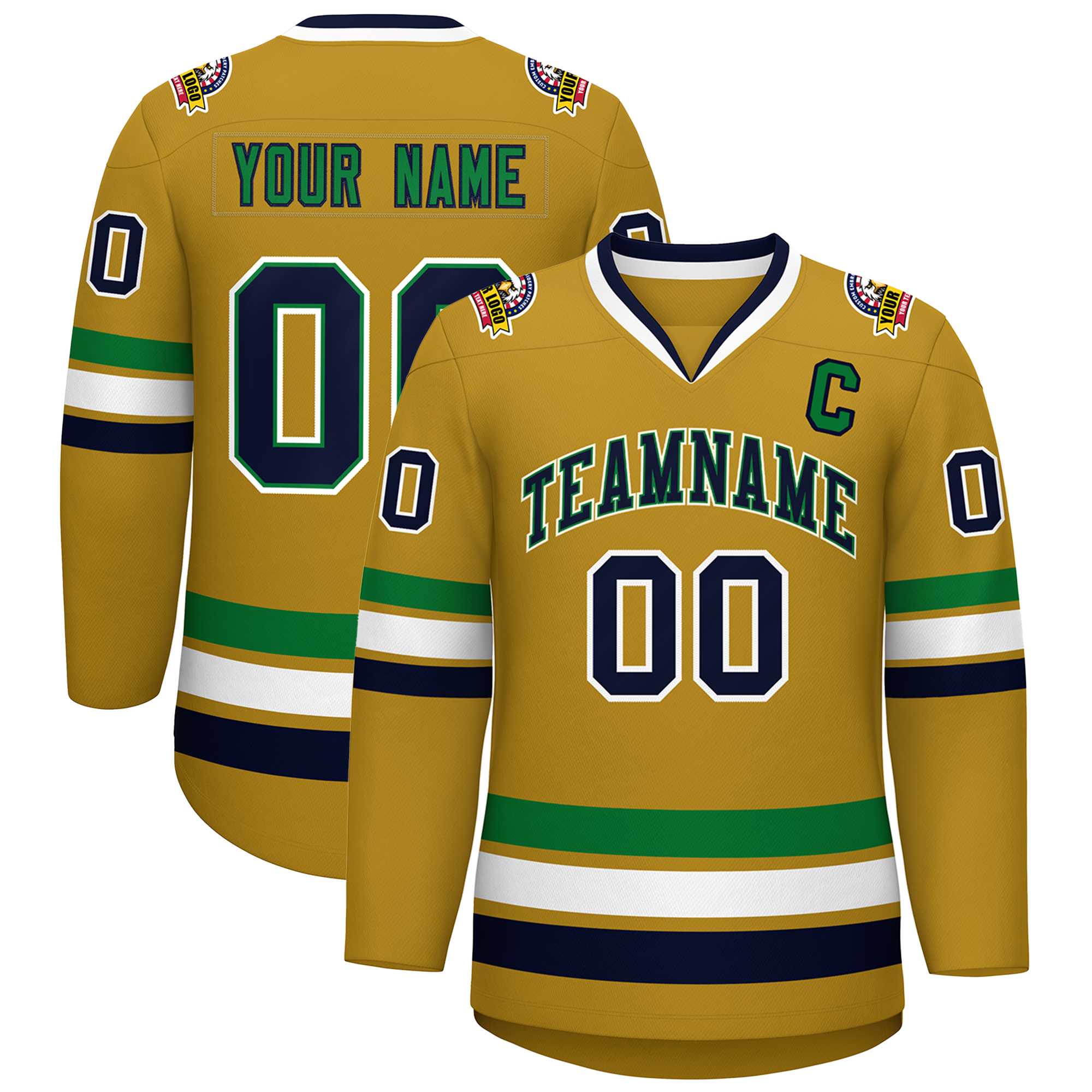 Custom Old Gold Navy Kelly Green-White Classic Style Hockey Jersey