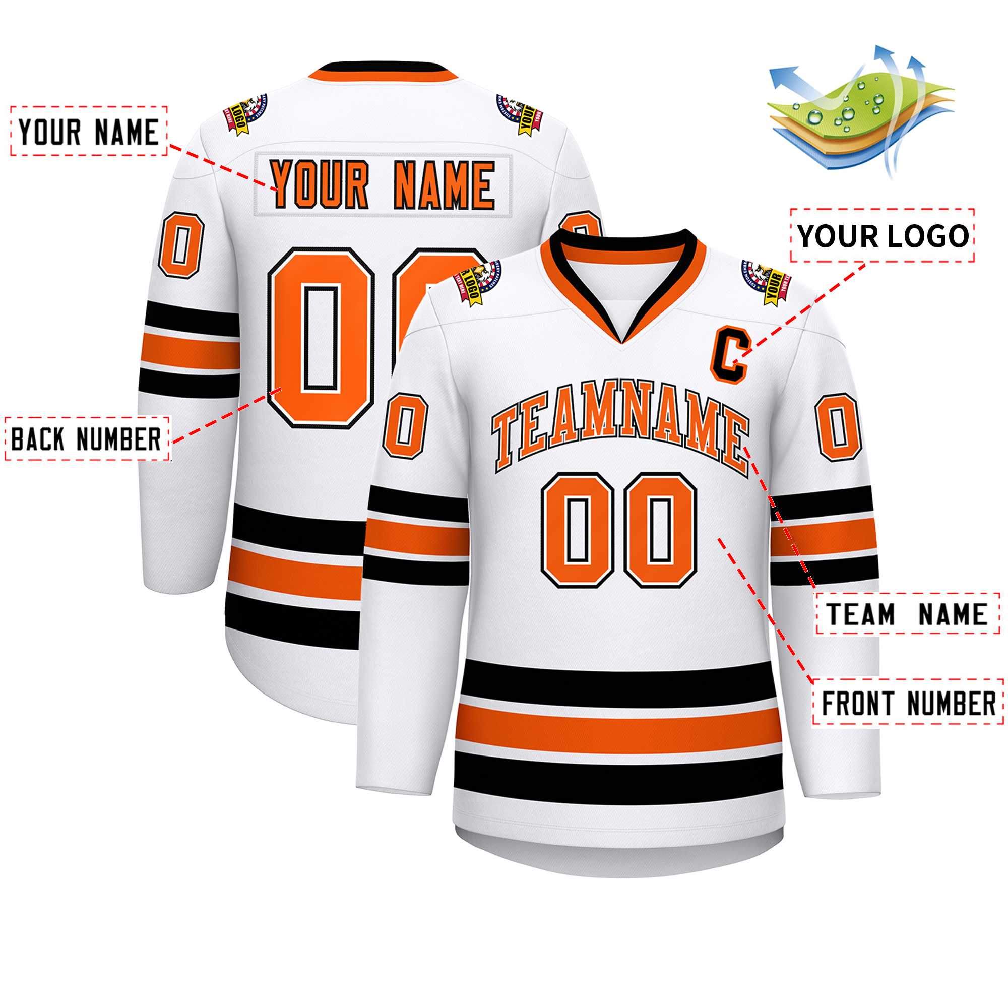 Custom White Orange White-Black Classic Style Hockey Jersey