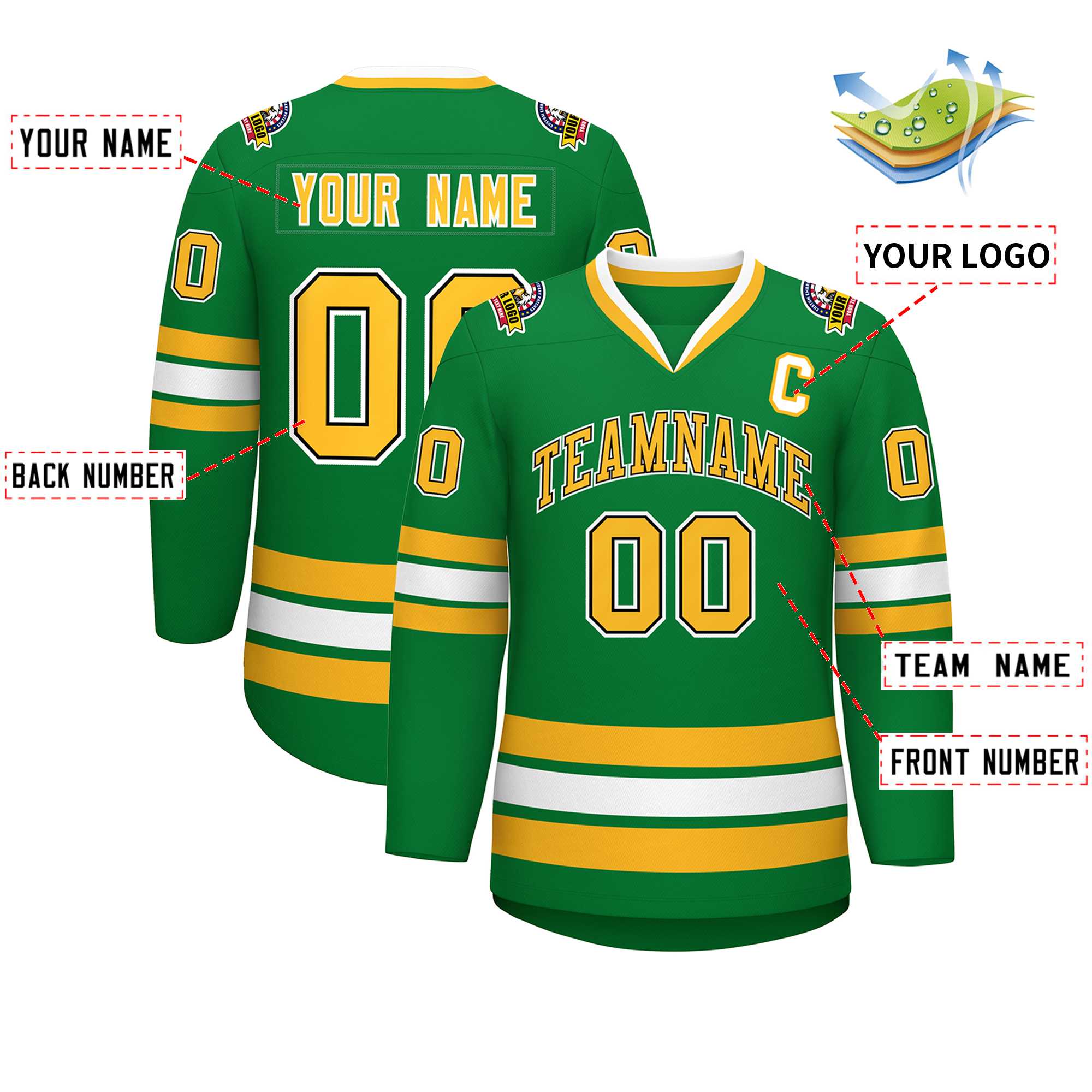 Custom Kelly Green Gold Black-White Classic Style Hockey Jersey