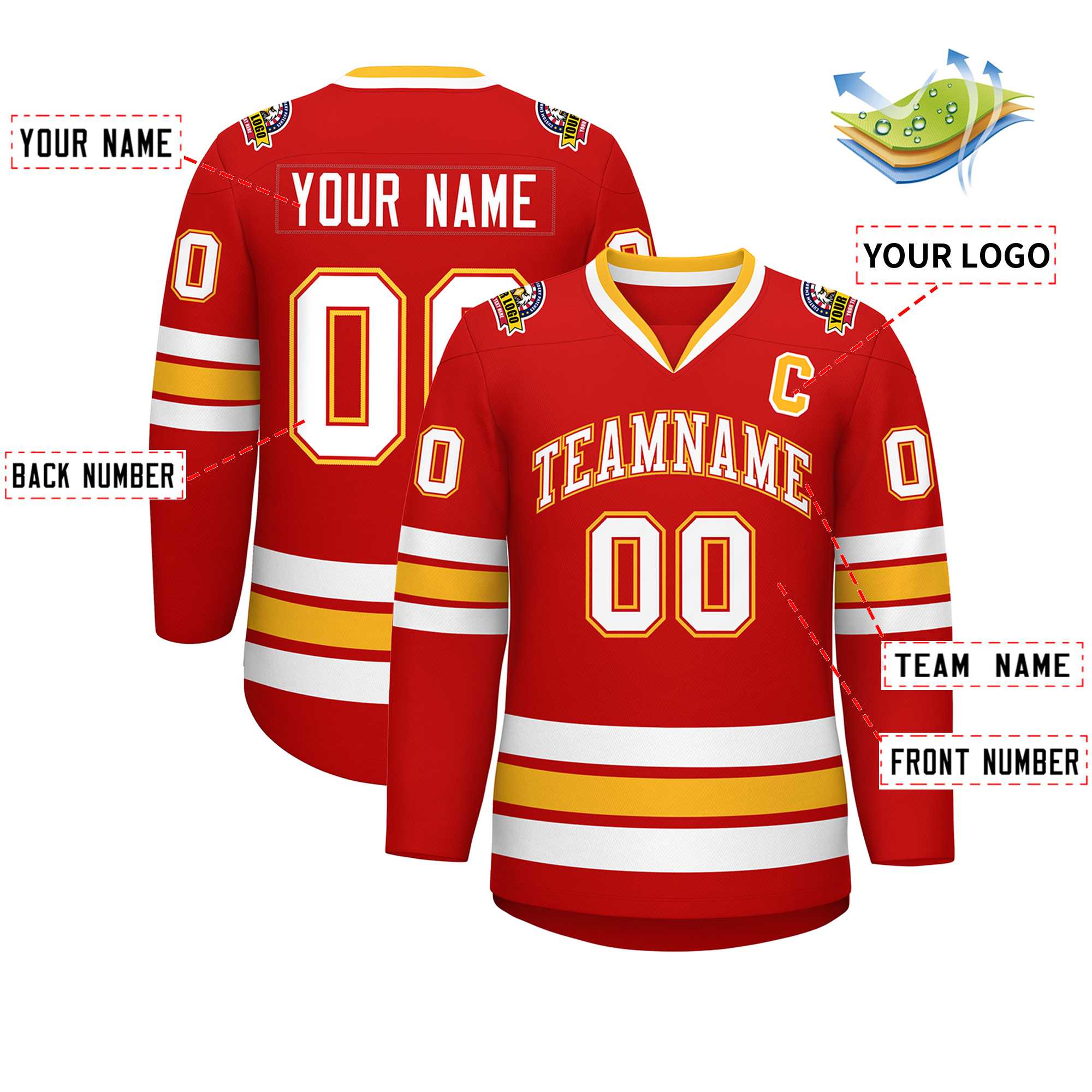 Custom Red White Red-Gold Classic Style Hockey Jersey