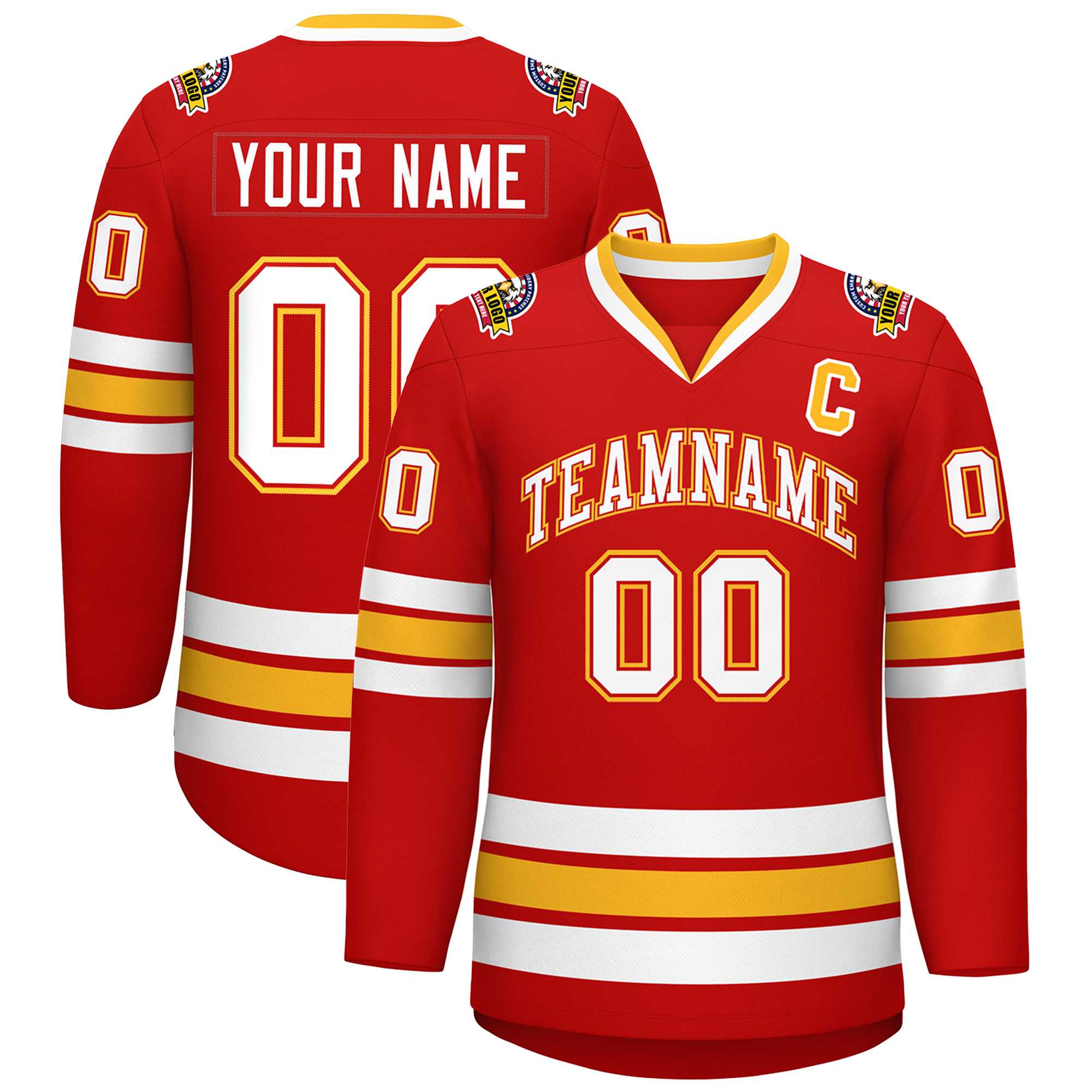 Custom Red White Red-Gold Classic Style Hockey Jersey