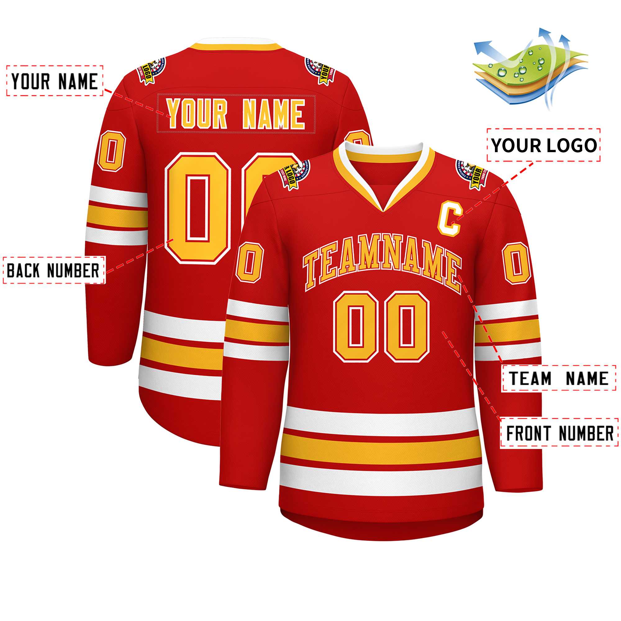 Custom Red Gold Red-White Classic Style Hockey Jersey