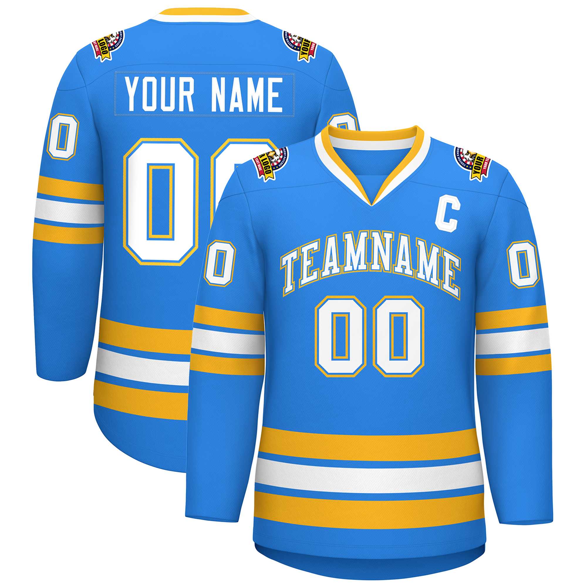 Custom Powder Blue White Powder Blue-Gold Classic Style Hockey Jersey