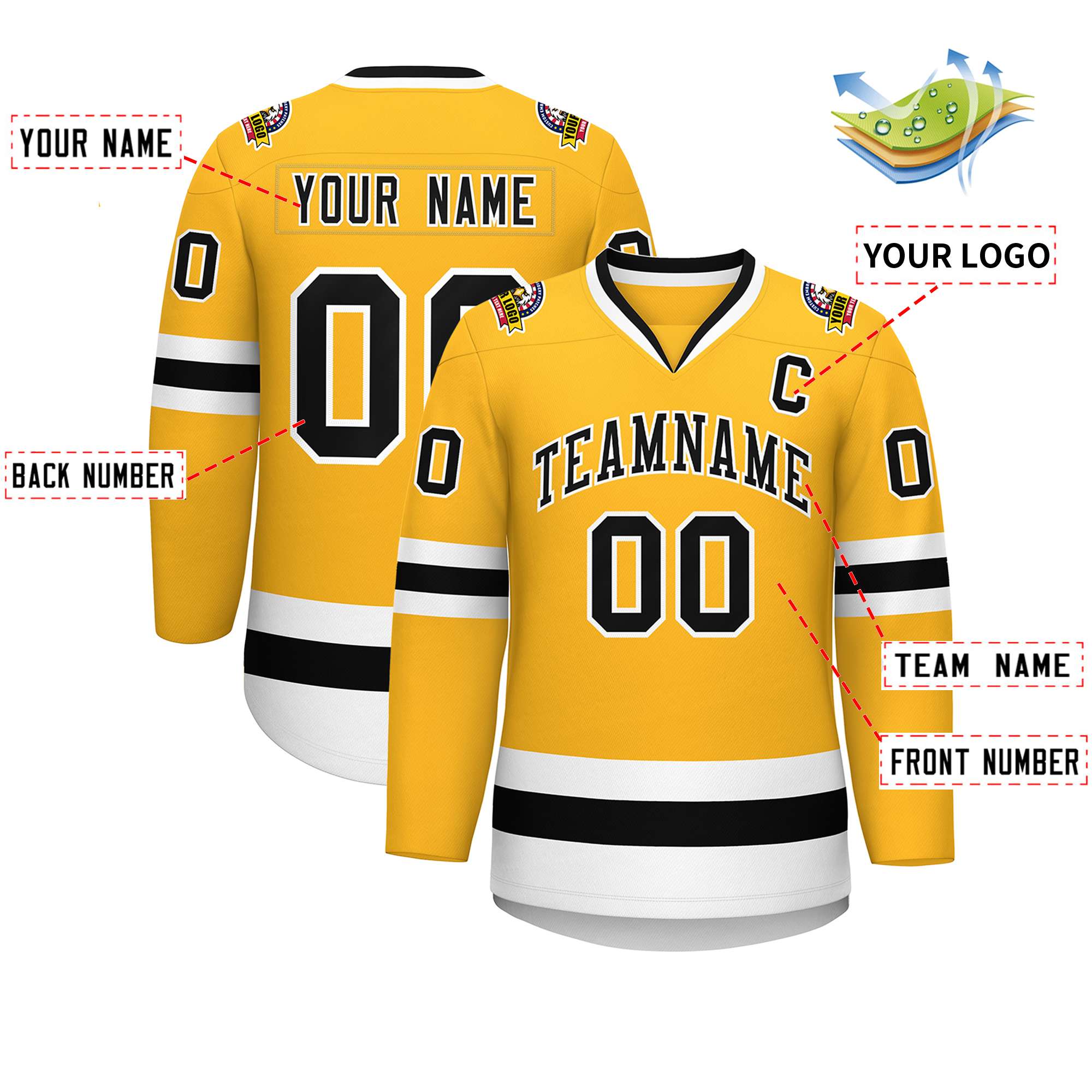 Custom Gold Black-White Classic Style Hockey Jersey