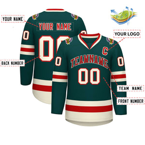 Custom Midnight Green Red Midnight Green-Khaki Classic Style Hockey Jersey