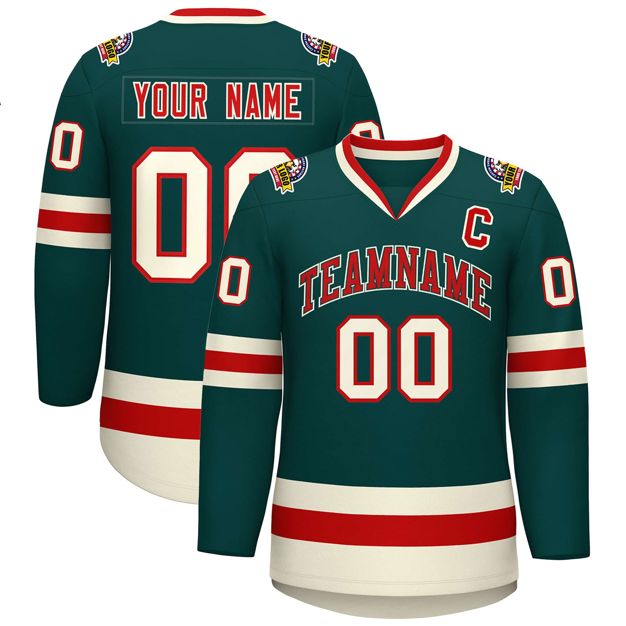 Custom Midnight Green Red Midnight Green-Khaki Classic Style Hockey Jersey