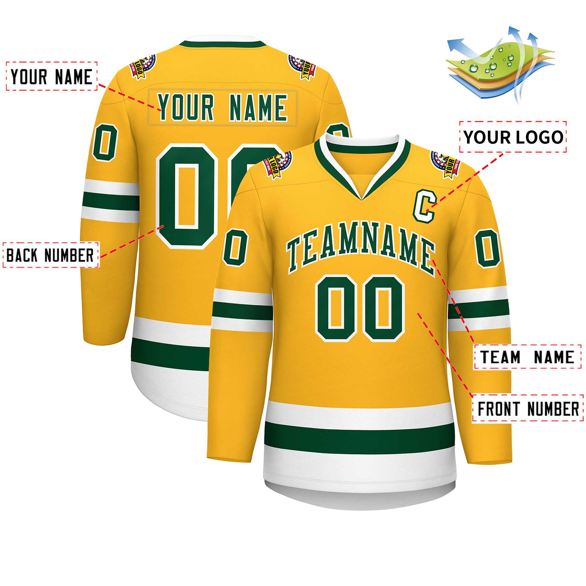 Maillot de hockey de style classique or vert-blanc personnalisé