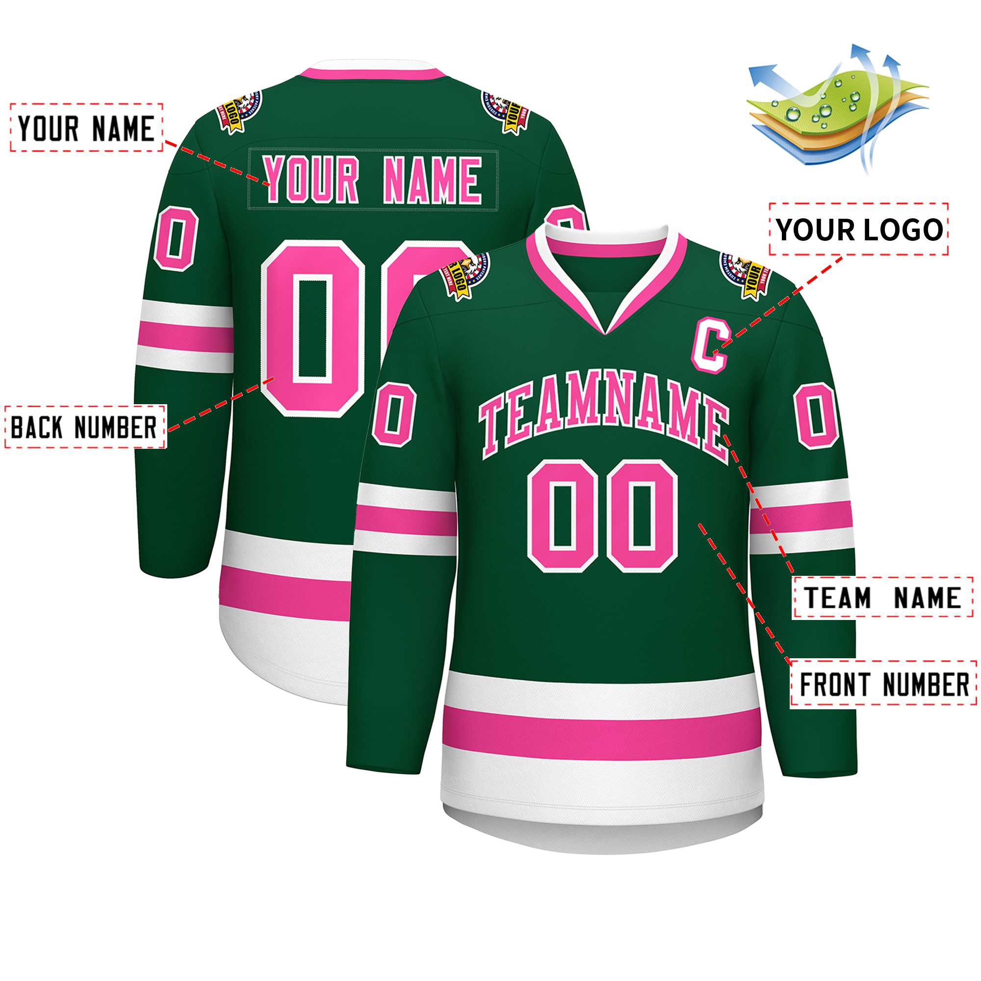 Maillot de hockey de style classique vert rose-blanc personnalisé