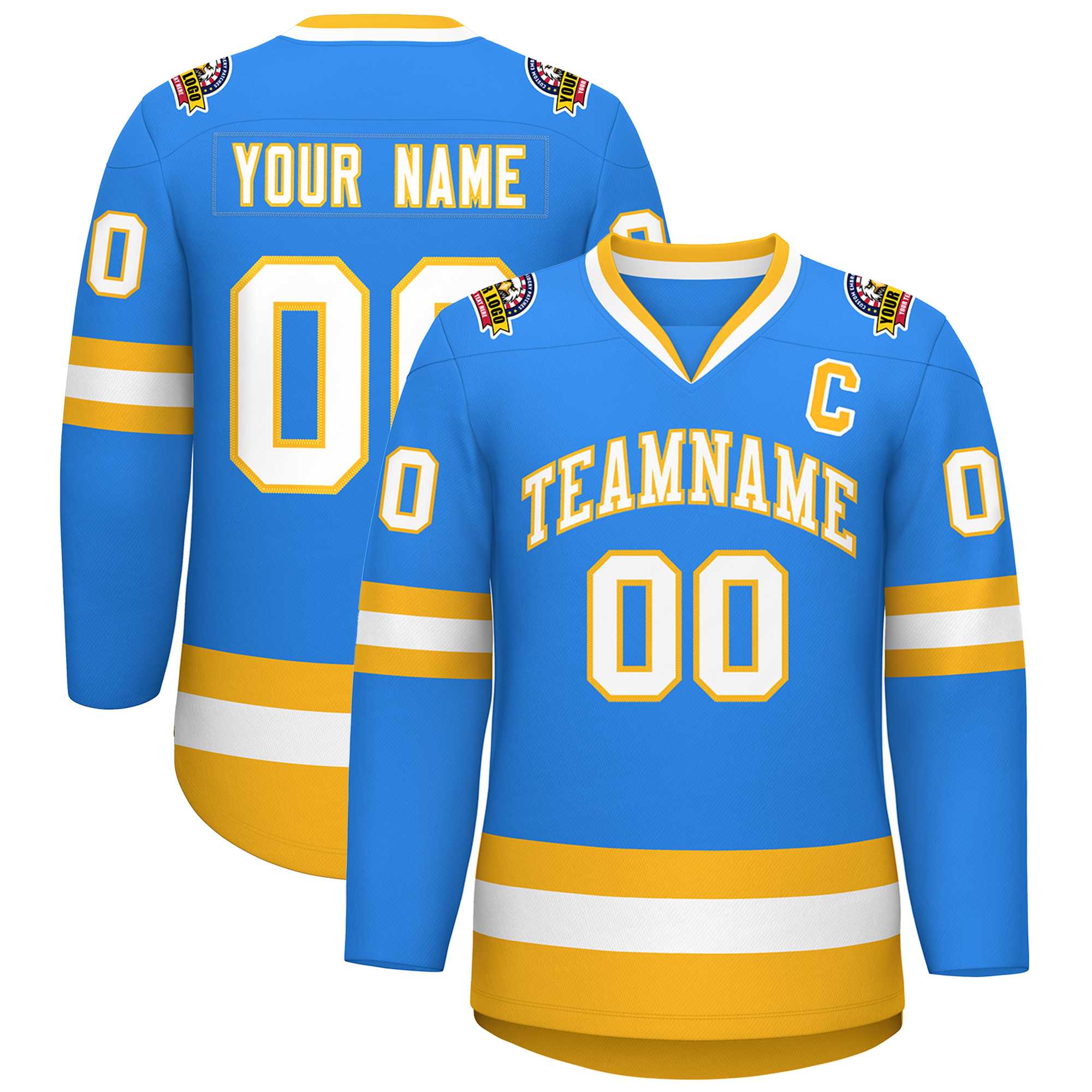 Custom Powder Blue White-Gold Classic Style Hockey Jersey