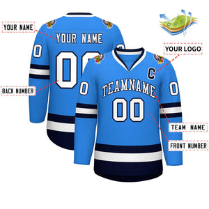 Custom Powder Blue White-Navy Classic Style Hockey Jersey