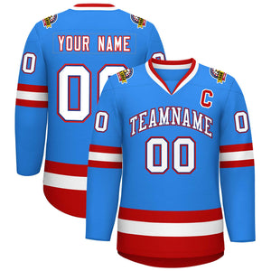 Maillot de hockey de style classique bleu poudre personnalisé blanc royal-rouge