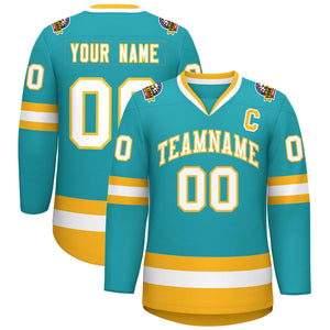 Custom Aqua White-Gold Classic Style Hockey Jersey