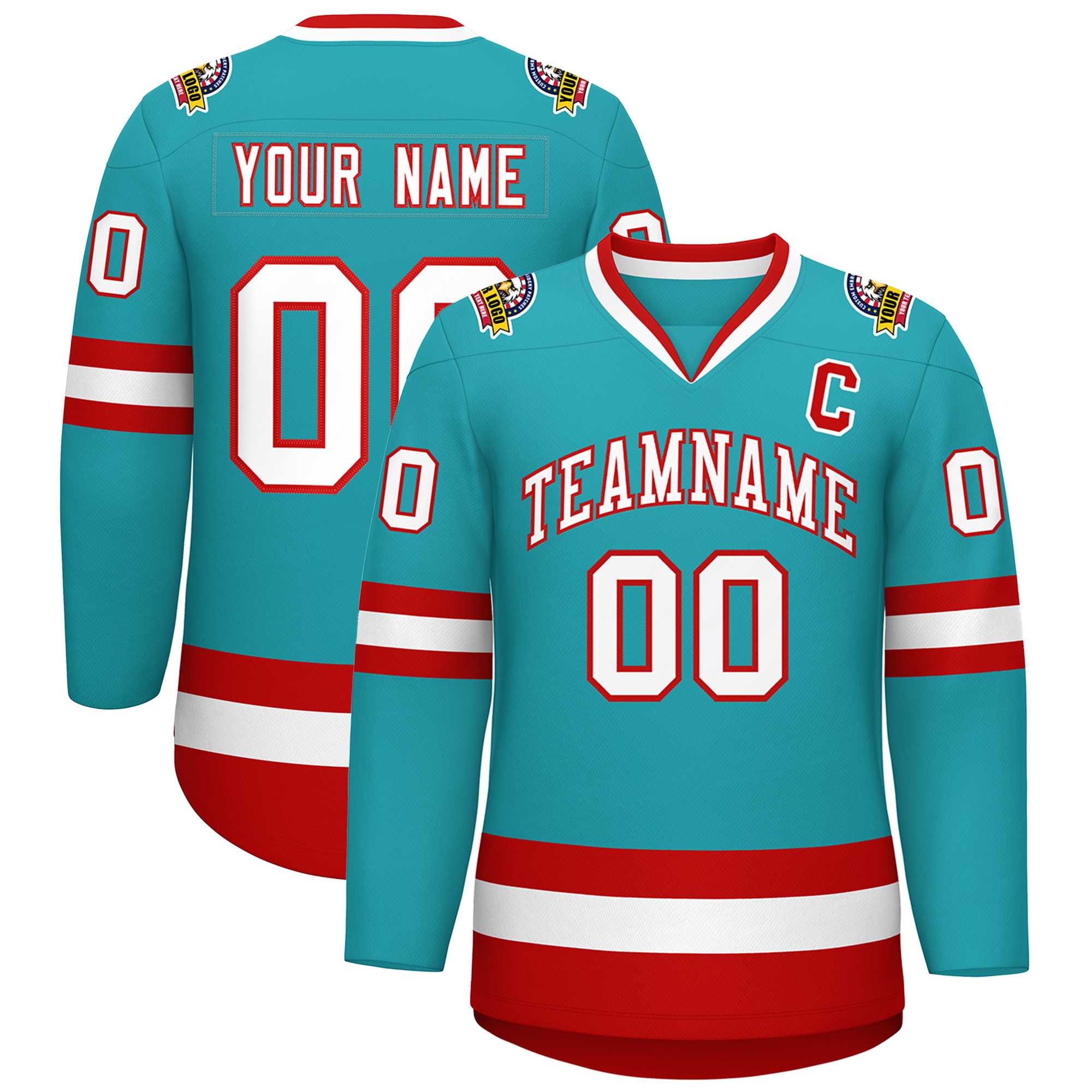 Custom Aqua White-Red Classic Style Hockey Jersey