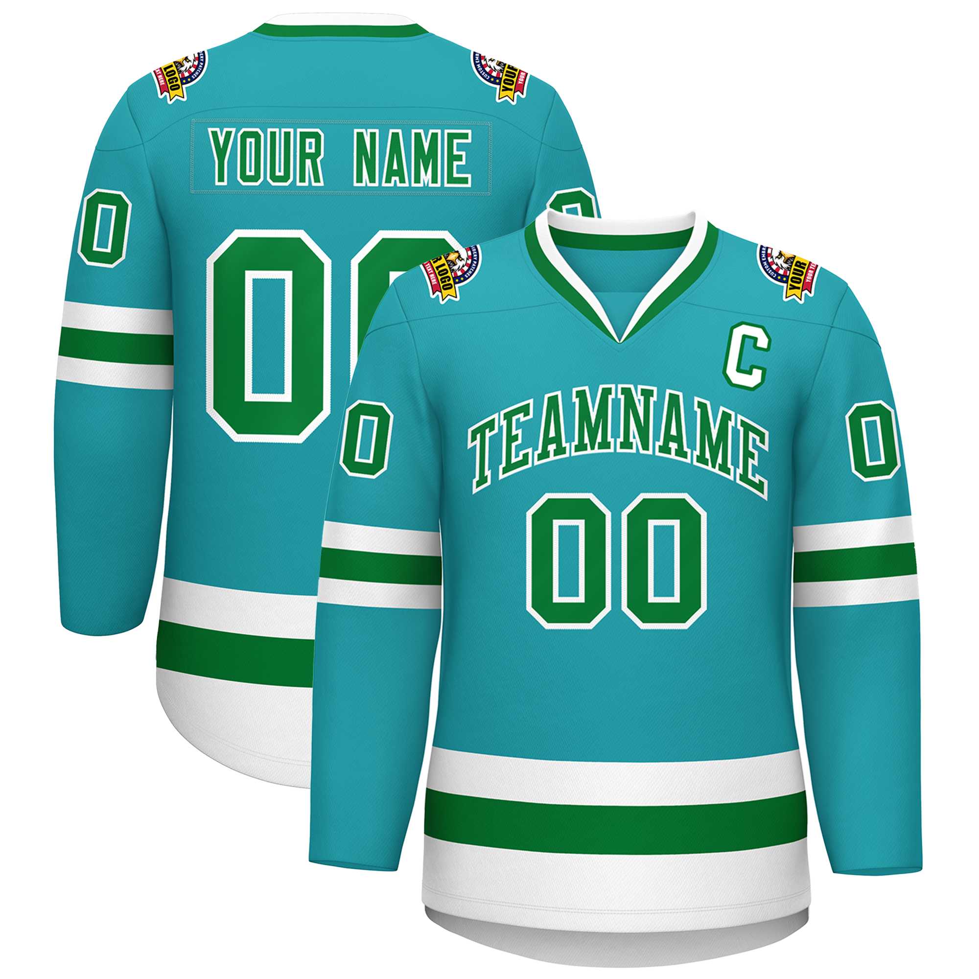 Custom Aqua Kelly Green-White Classic Style Hockey Jersey