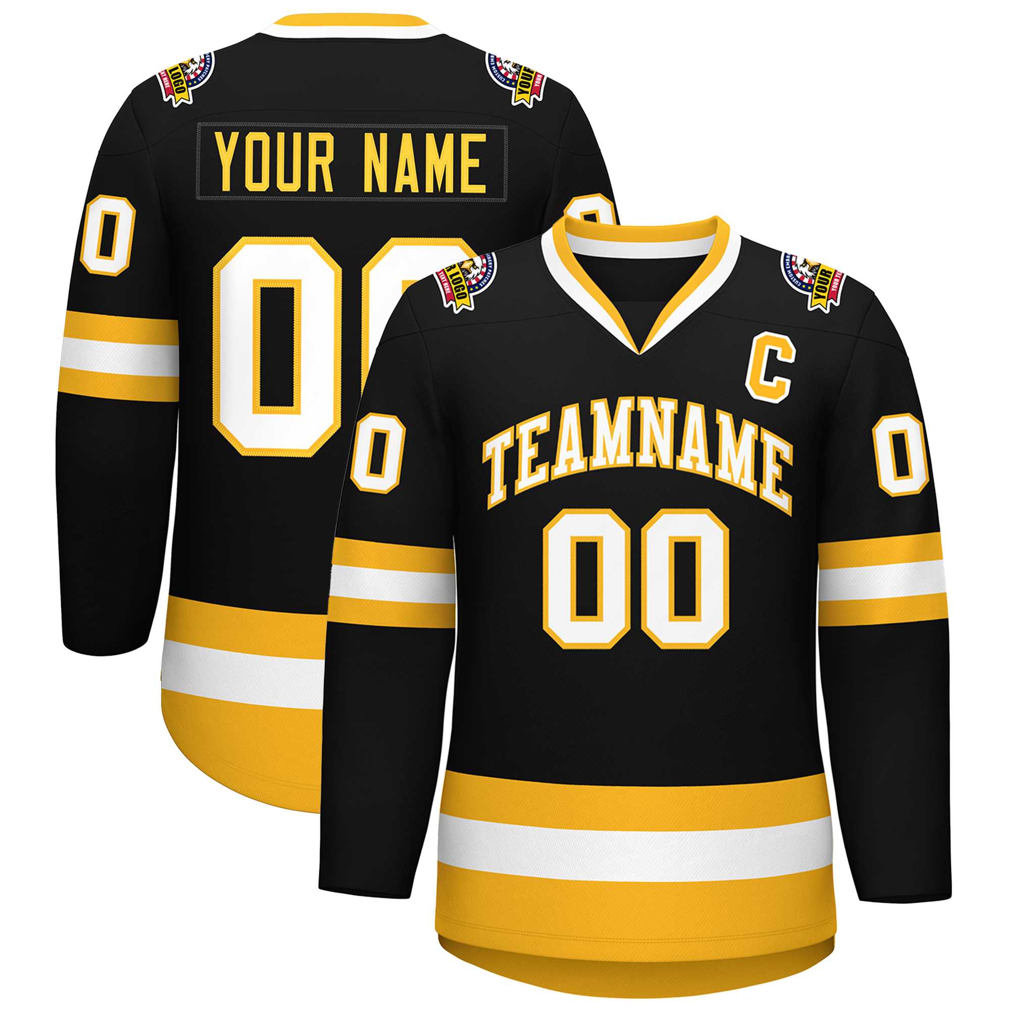 Custom Black White-Gold Classic Style Hockey Jersey