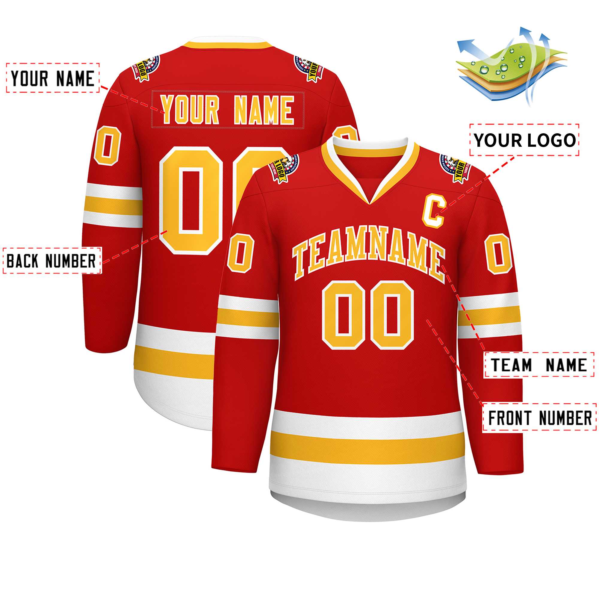 Custom Red Gold-White Classic Style Hockey Jersey