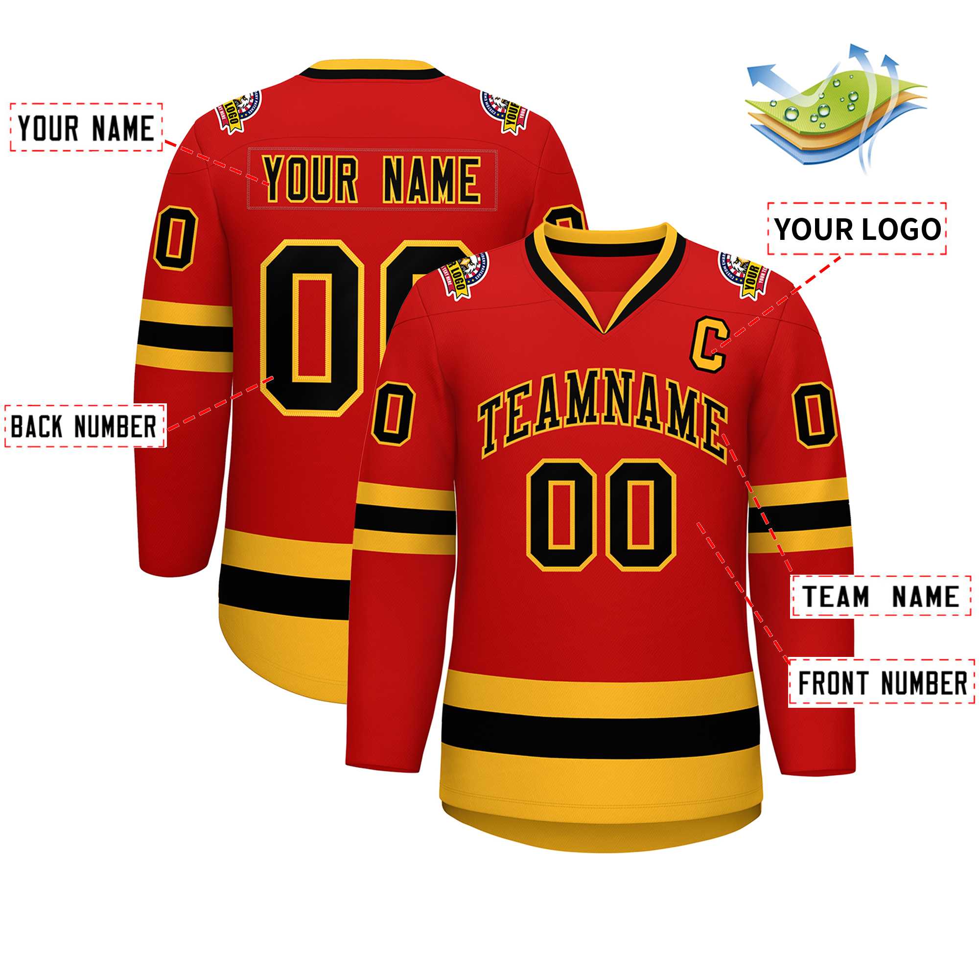 Custom Red Black-Gold Classic Style Hockey Jersey