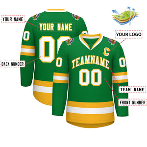 Custom Kelly Green White-Gold Classic Style Hockey Jersey