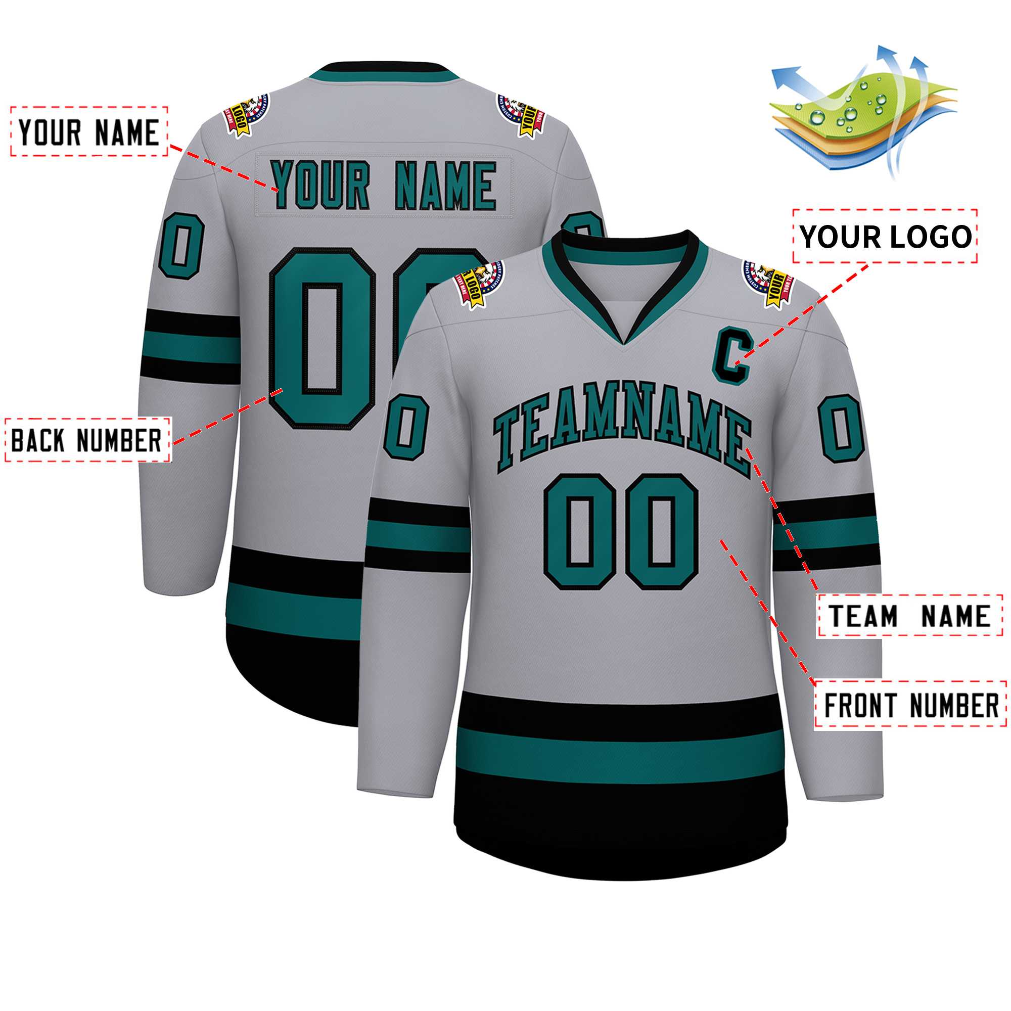 Maillot de hockey de style classique gris Aqua-noir personnalisé