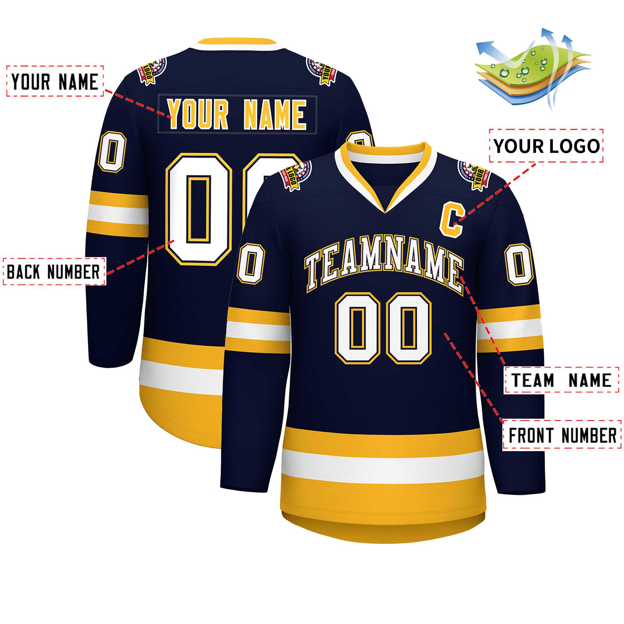 Custom Navy White Navy-Gold Classic Style Hockey Jersey