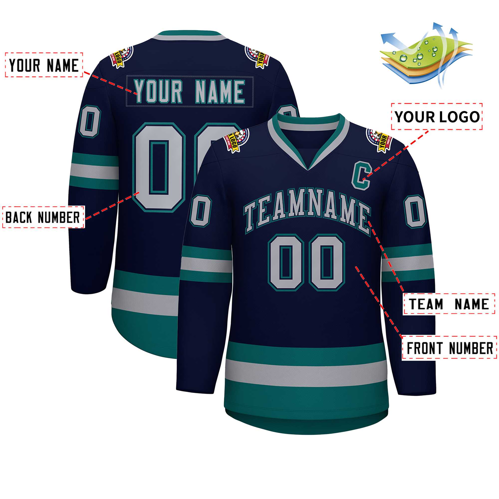 Custom Navy Gray Navy-Aqua Classic Style Hockey Jersey