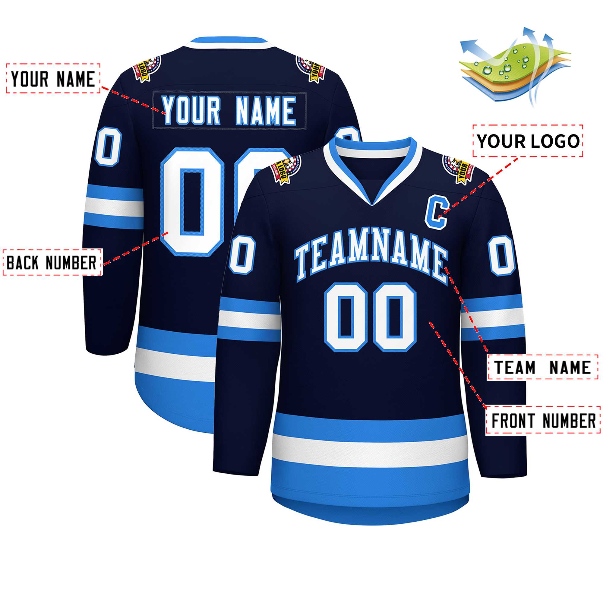 Custom Navy White-Powder Blue Classic Style Hockey Jersey