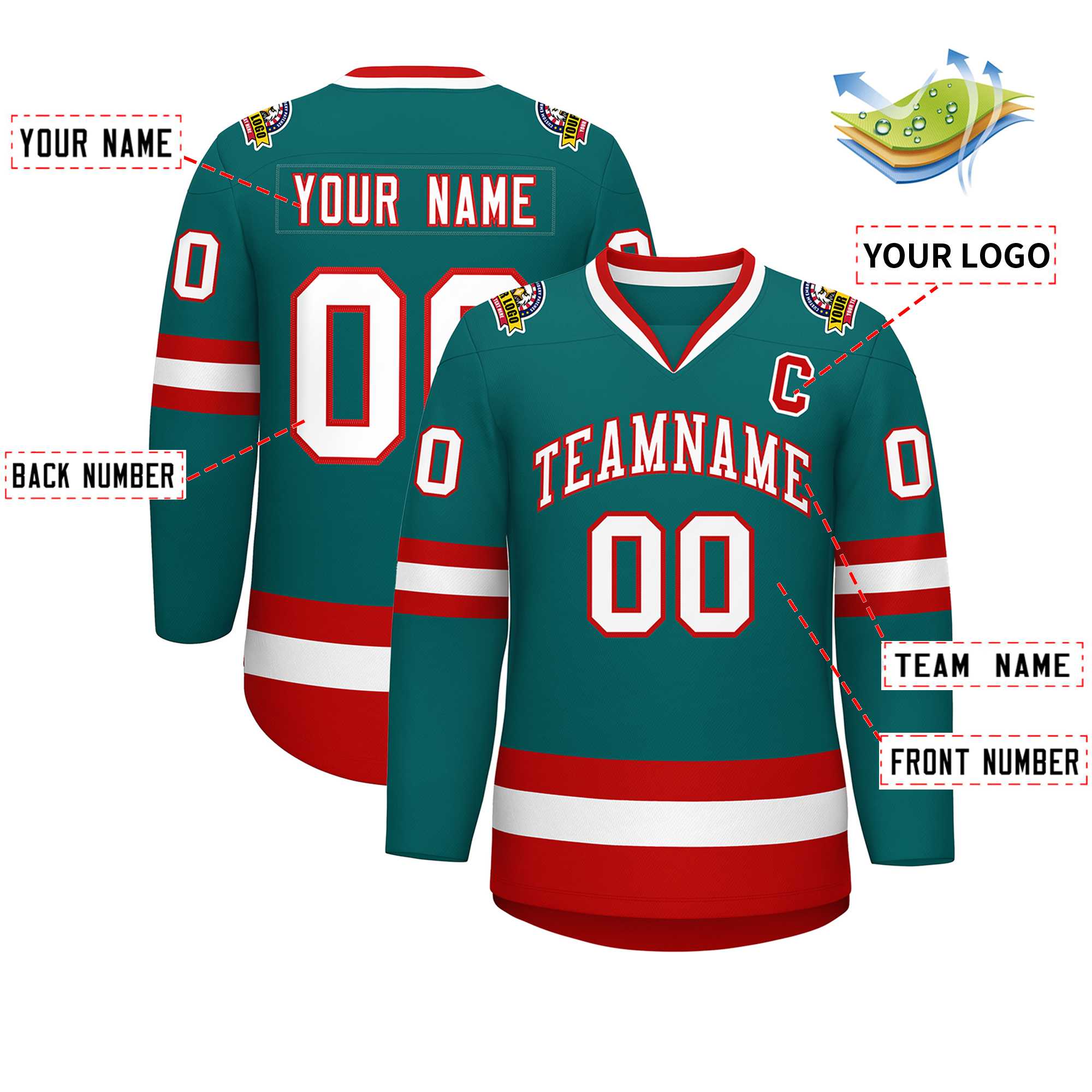 Custom Teal White-Red Classic Style Hockey Jersey