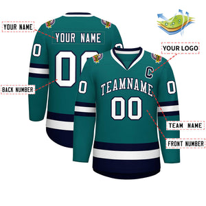 Custom Teal White-Navy Classic Style Hockey Jersey