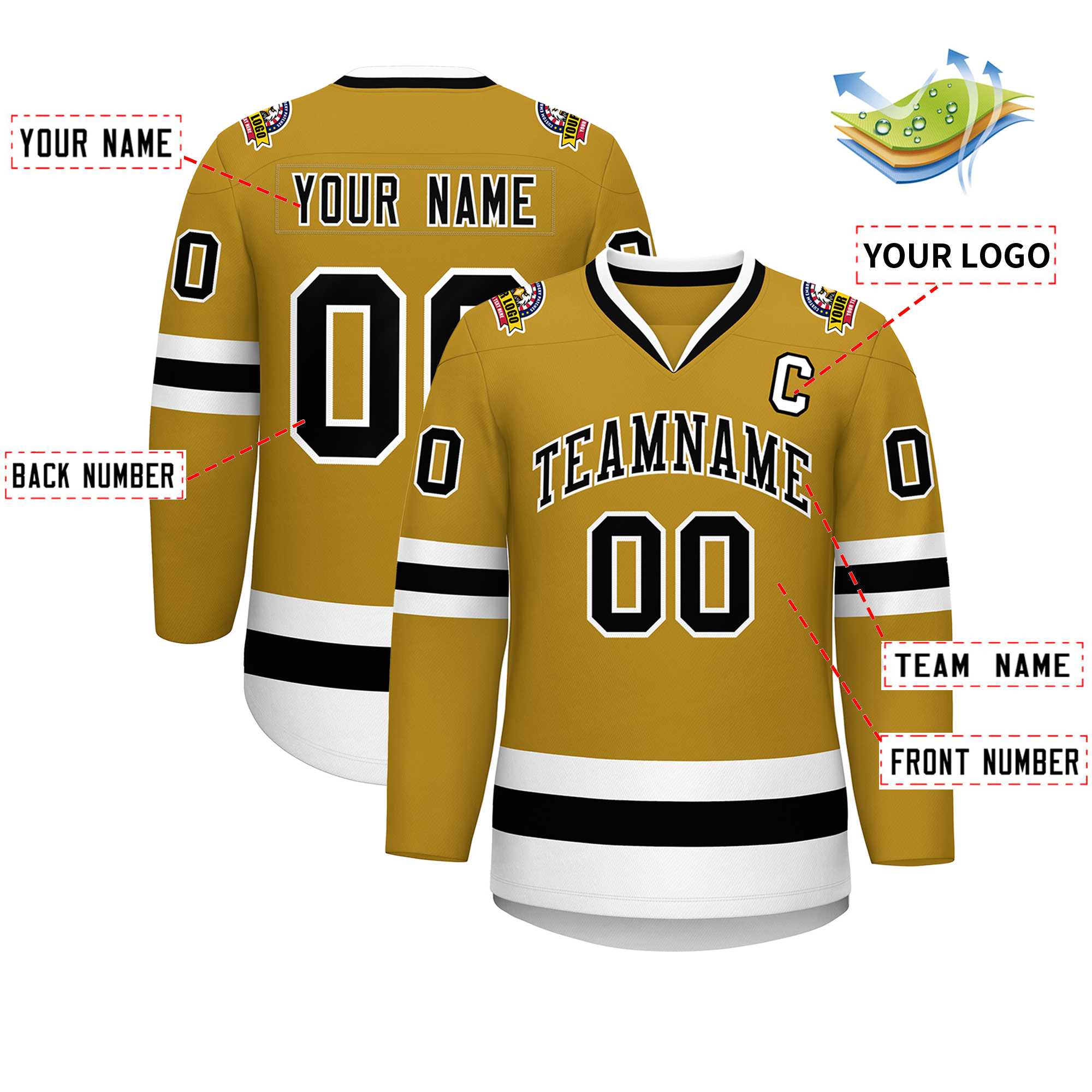 Maillot de hockey de style classique personnalisé Old Gold noir-blanc