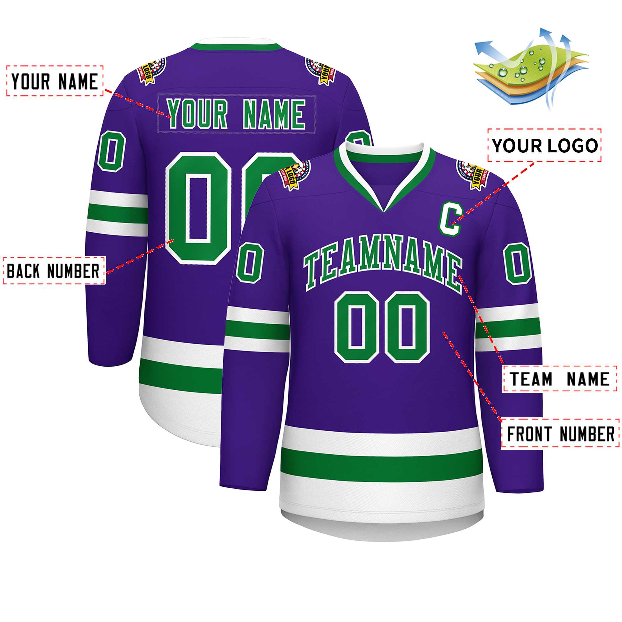 Maillot de hockey de style classique violet Kelly vert-blanc personnalisé