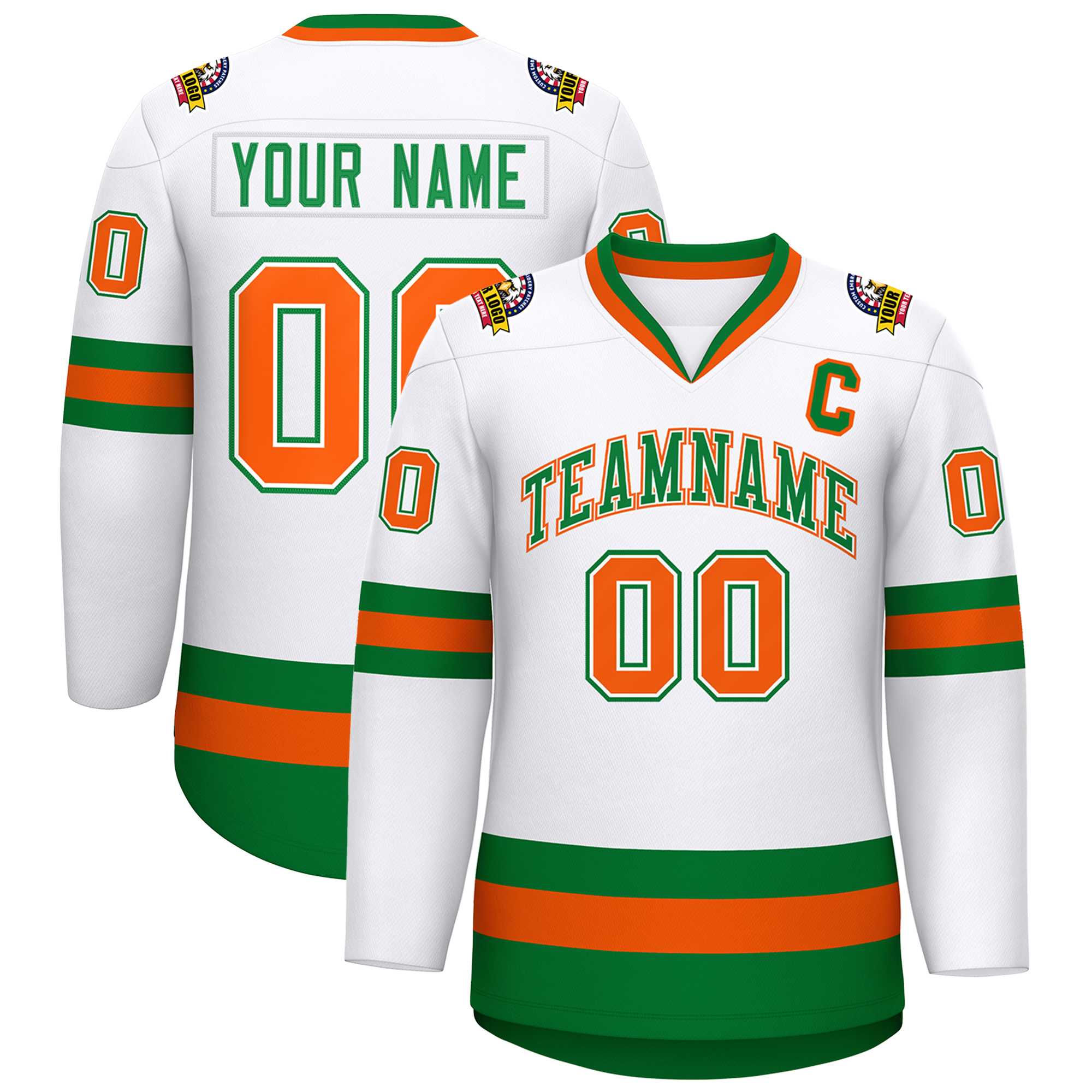 Custom White Kelly Green White-Orange Classic Style Hockey Jersey