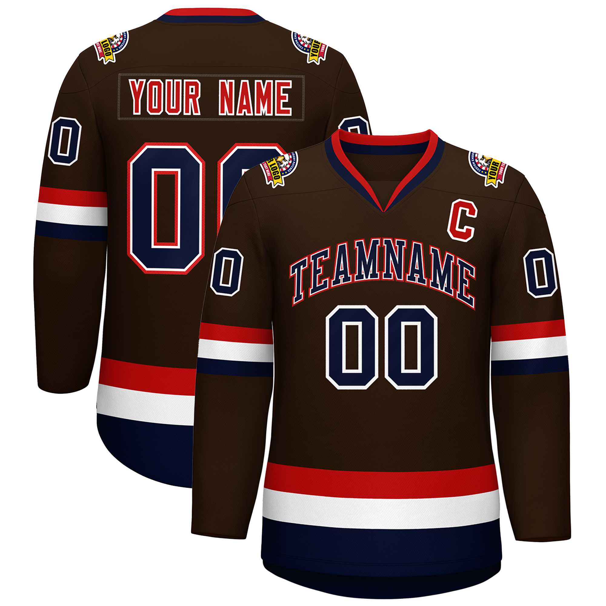 Custom Brown Navy White-Red Classic Style Hockey Jersey