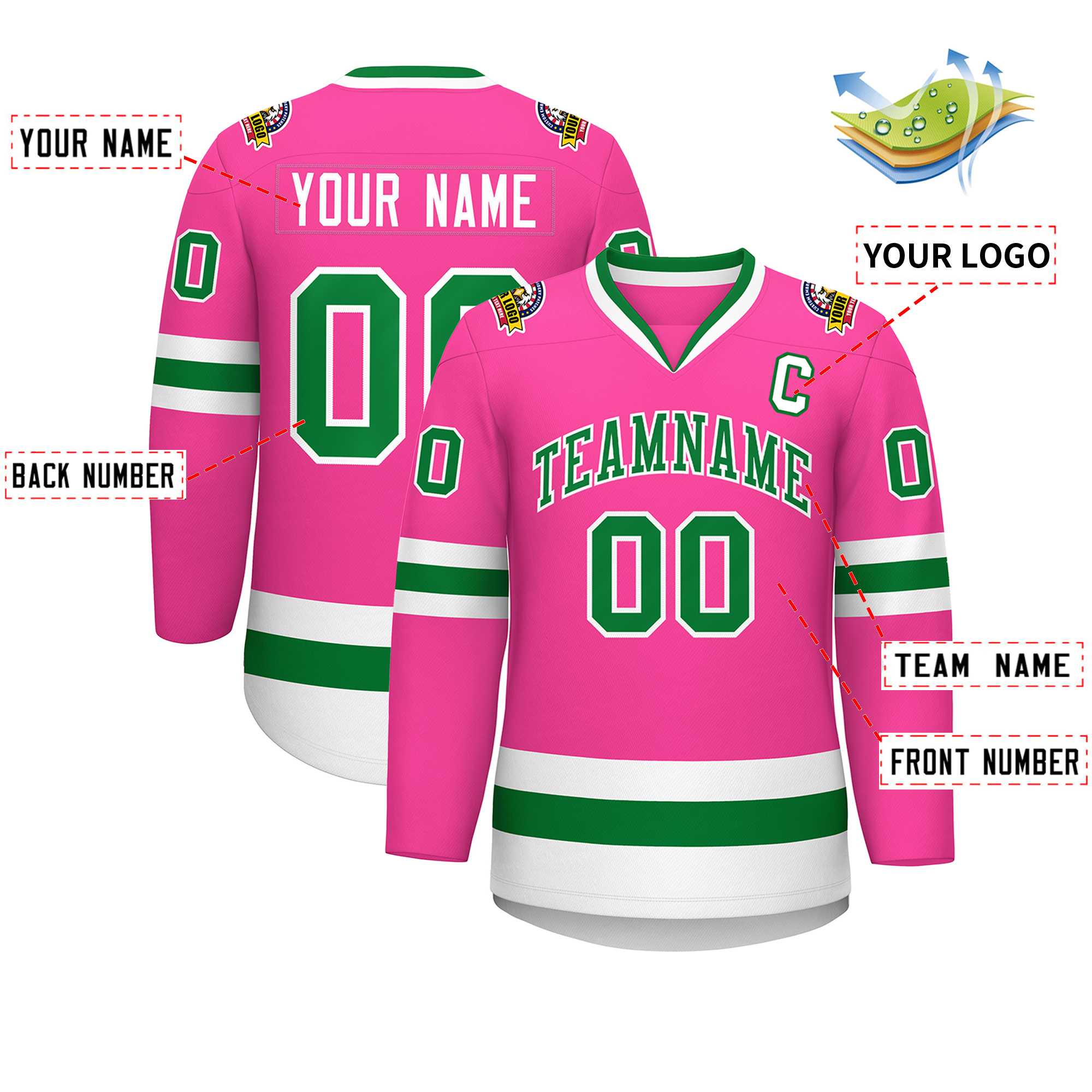 Maillot de hockey de style classique rose Kelly vert-blanc personnalisé