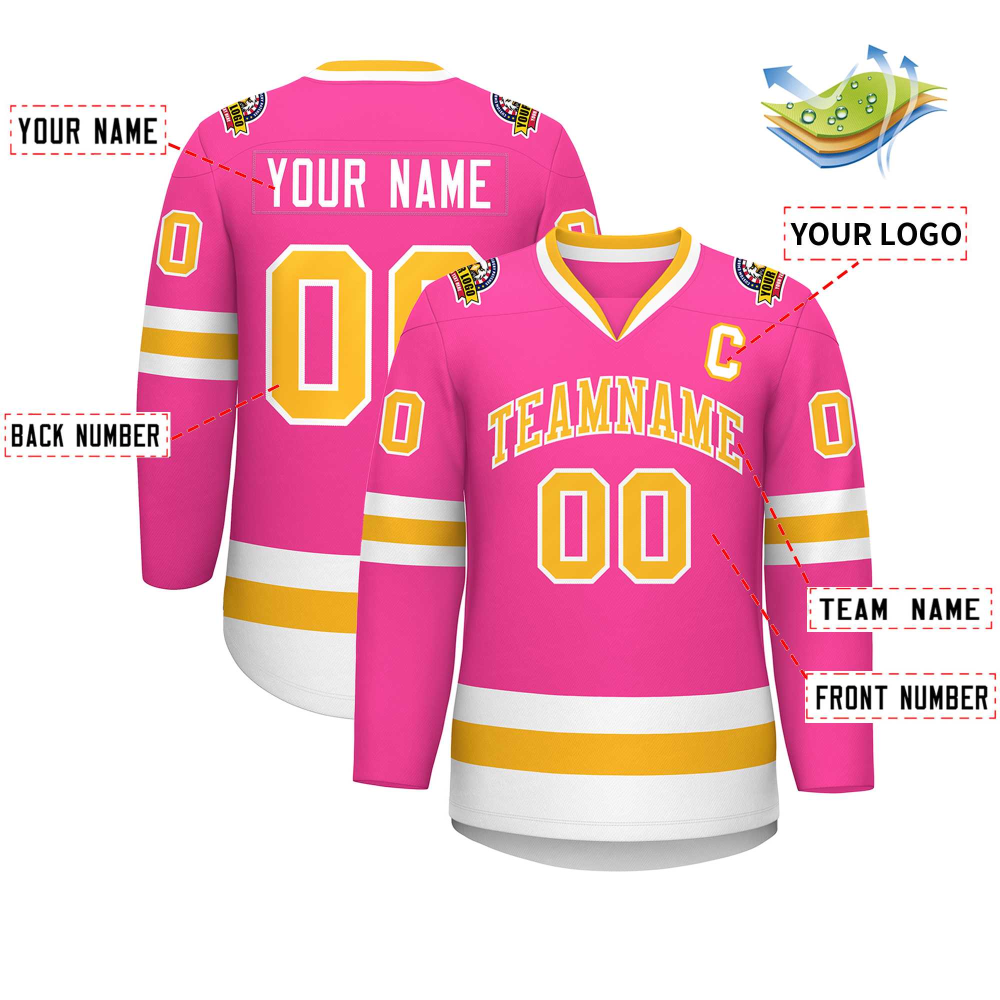 Custom Pink Gold-White Classic Style Hockey Jersey