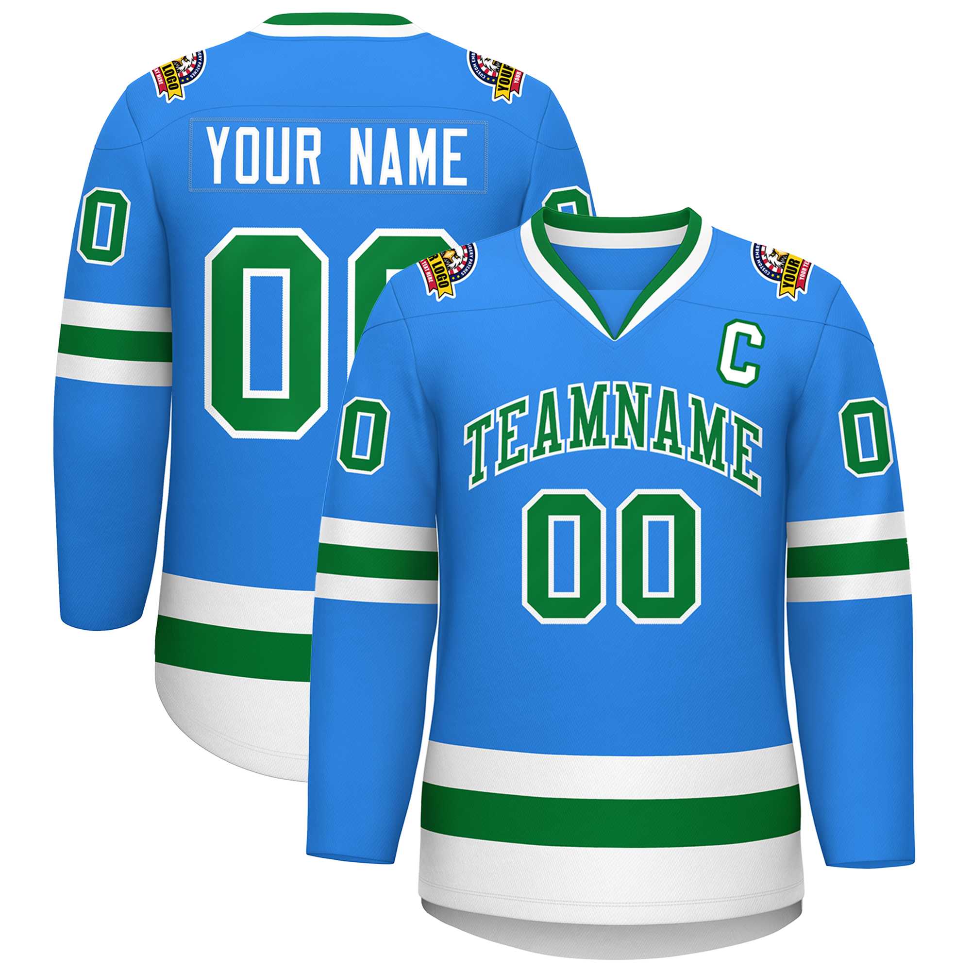 Maillot de hockey de style classique Kelly vert-blanc bleu poudre personnalisé