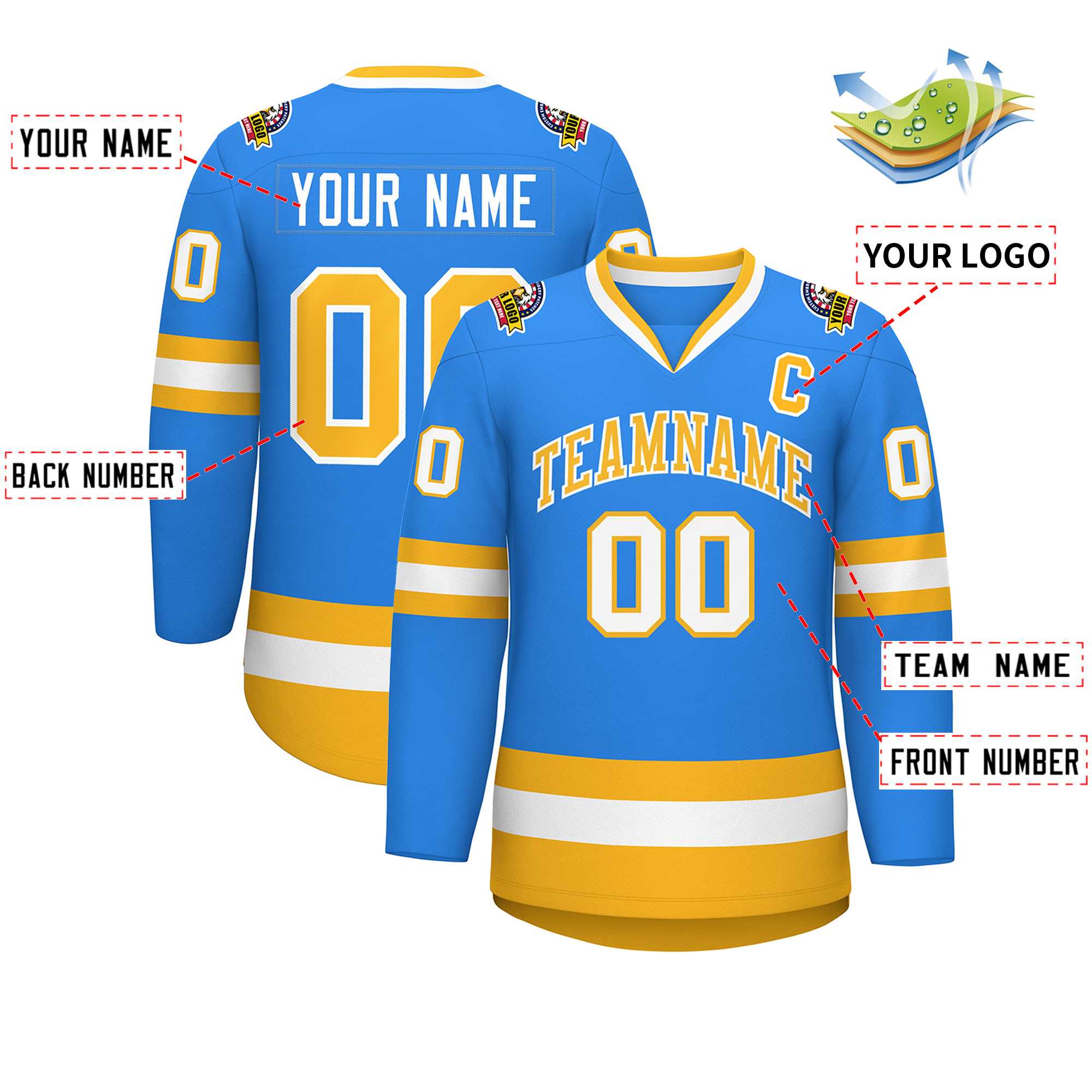 Custom Powder Blue Gold-White Classic Style Hockey Jersey