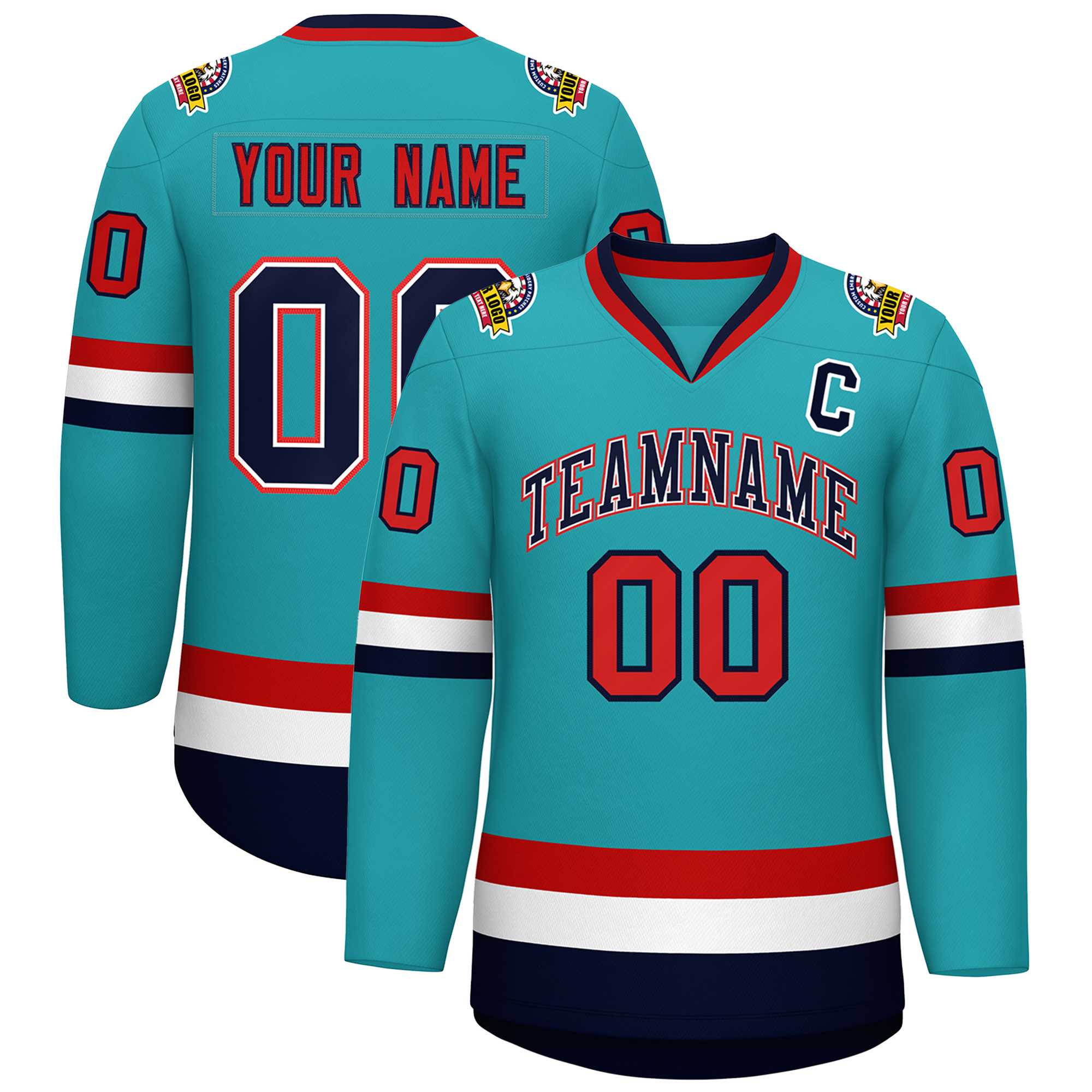 Maillot de hockey de style classique Aqua Navy blanc-rouge personnalisé