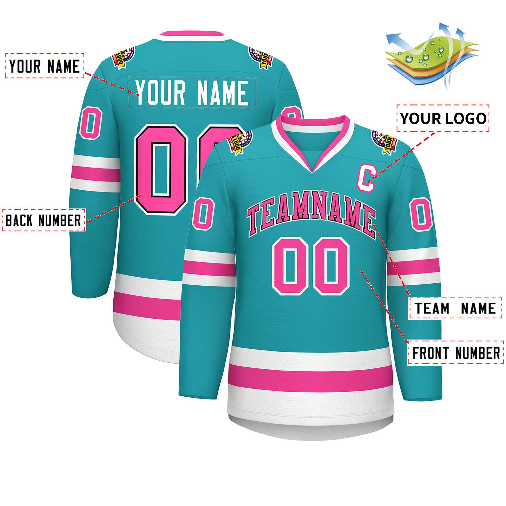 Maillot de hockey de style classique personnalisé Aqua Pink Navy-White