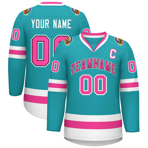 Maillot de hockey de style classique personnalisé Aqua Pink Navy-White