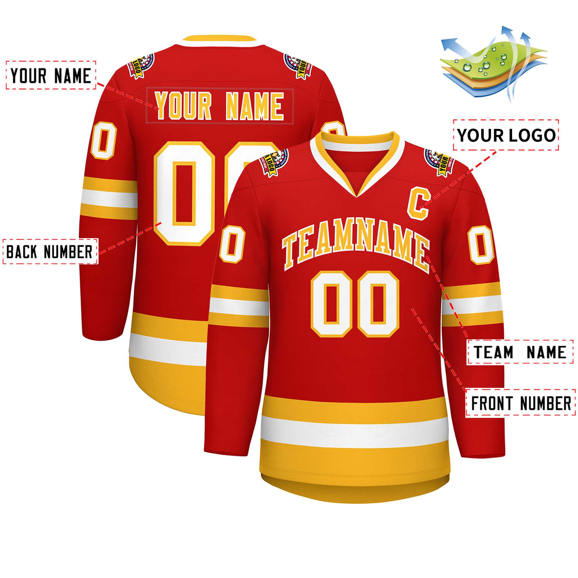 Maillot de hockey de style classique personnalisé rouge or-blanc