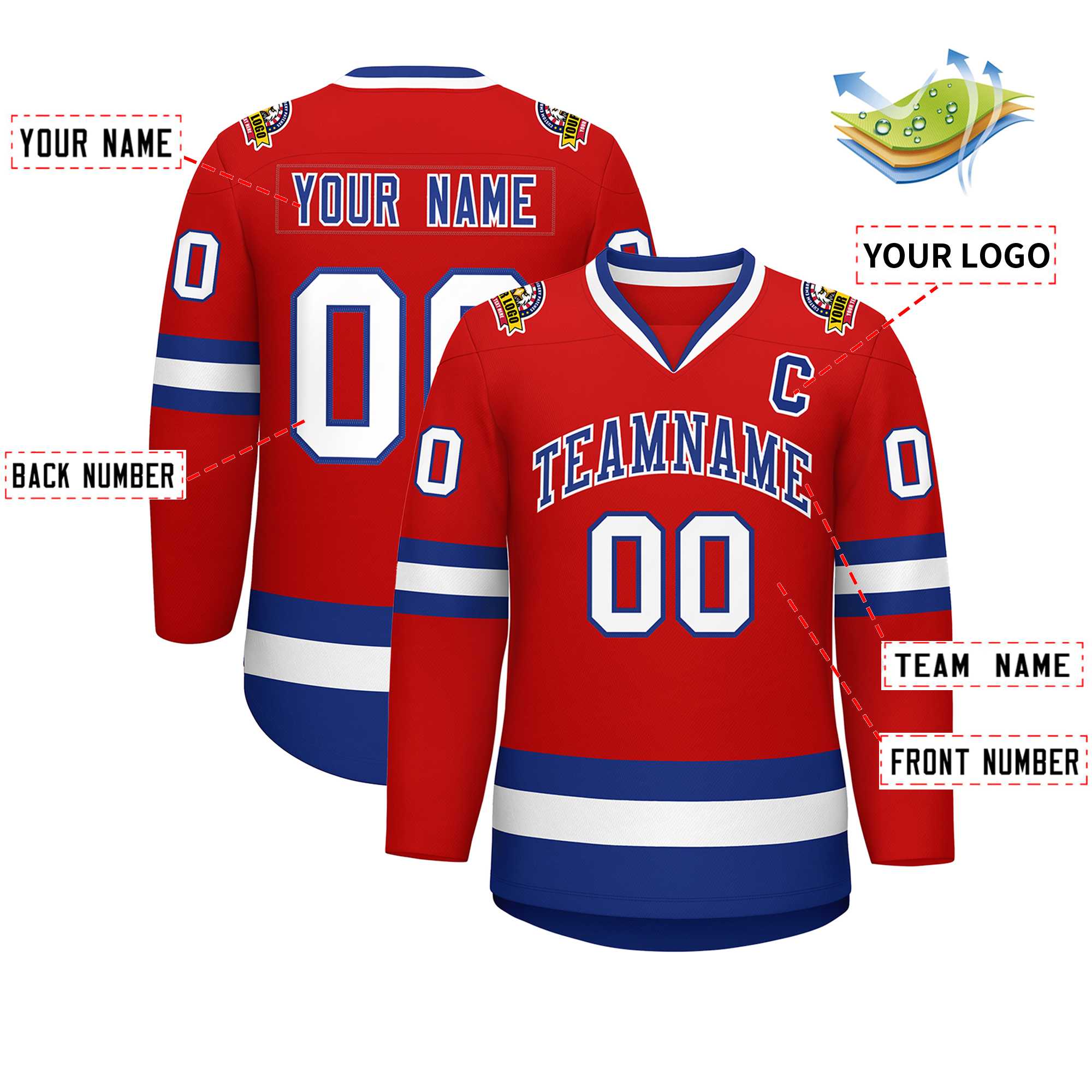 Maillot de hockey de style classique rouge royal-blanc personnalisé