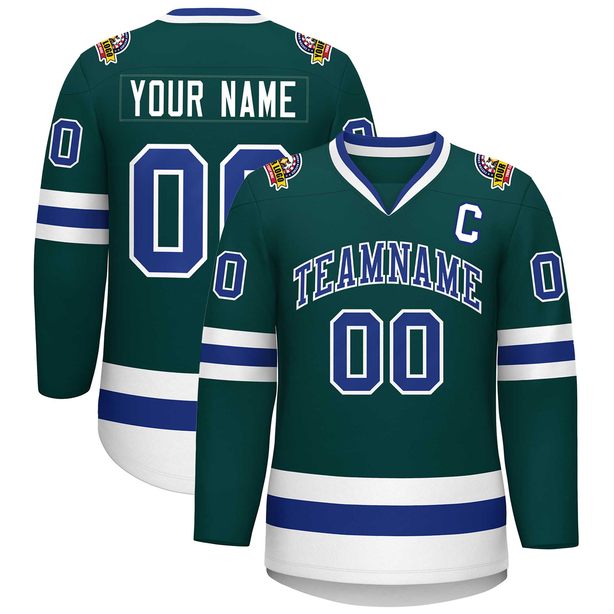 Maillot de hockey personnalisé de style classique, vert minuit, royal-blanc