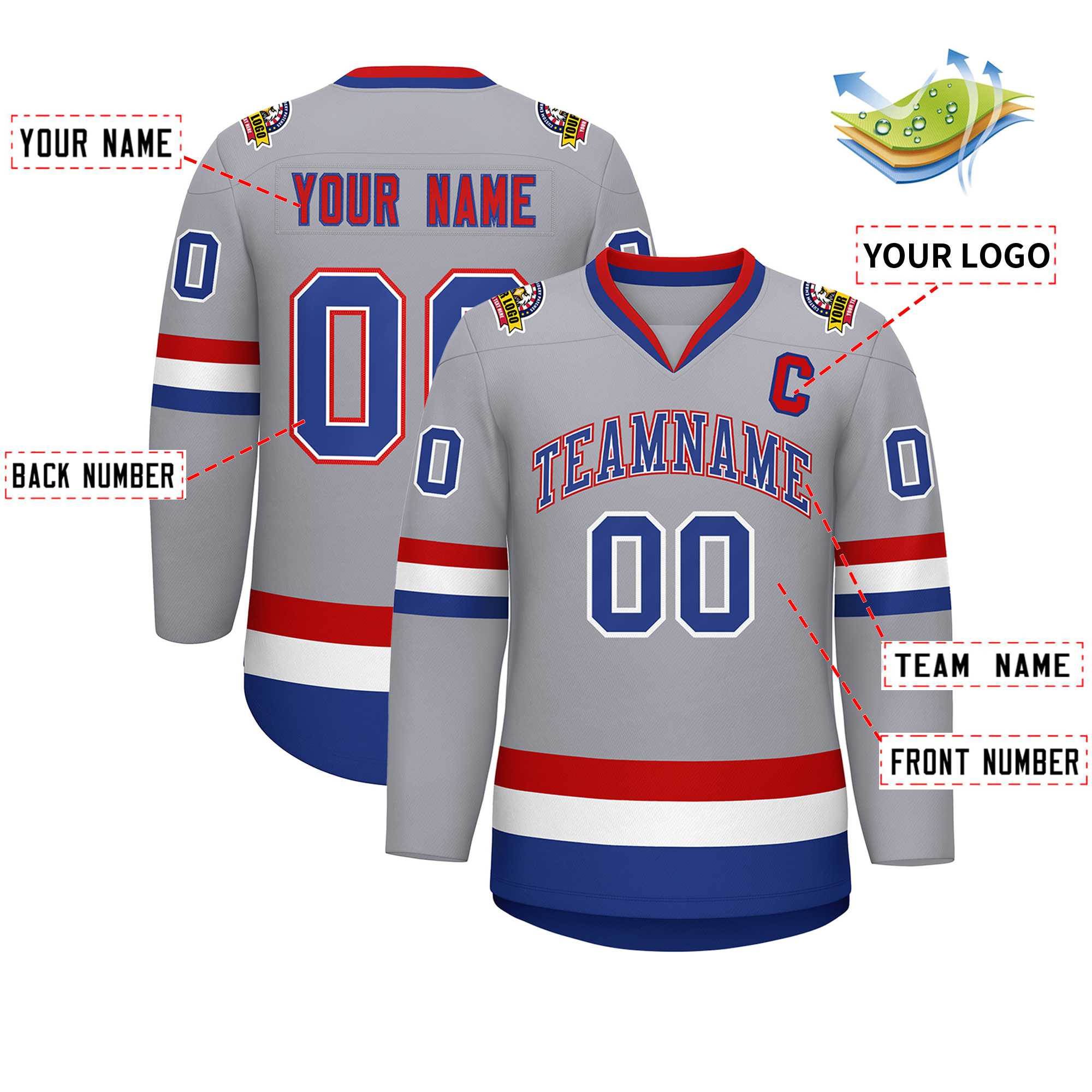 Custom Gray Royal White-Red Classic Style Hockey Jersey