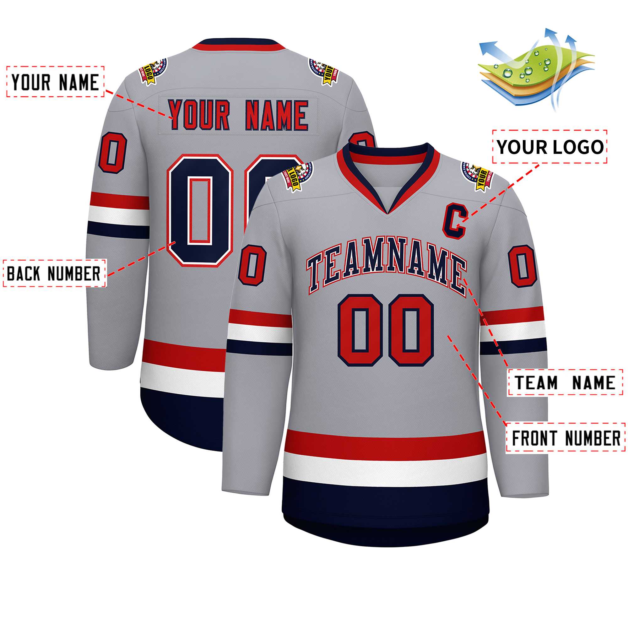 Custom Gray Navy White-Red Classic Style Hockey Jersey