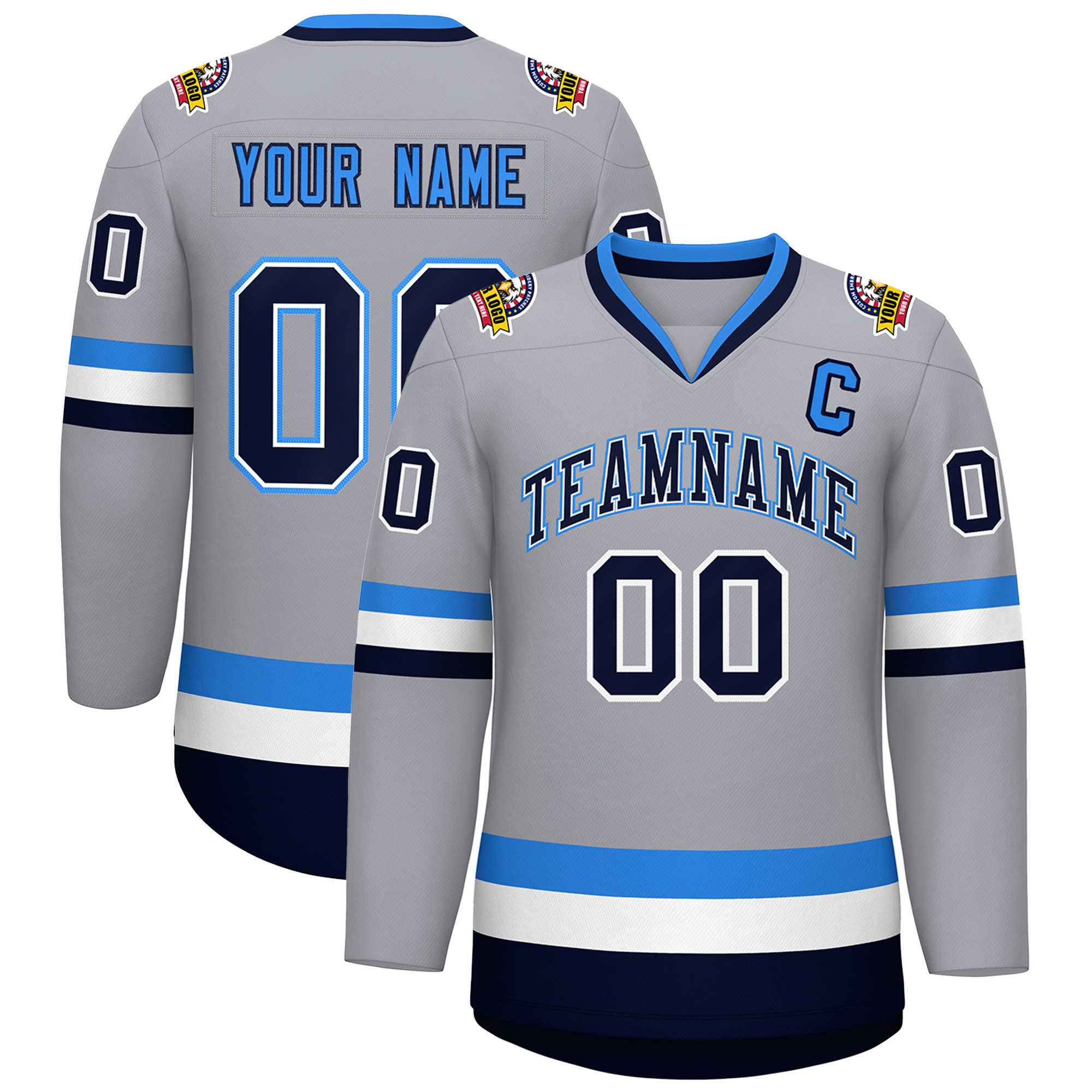 Maillot de hockey personnalisé gris marine blanc-bleu poudre, style classique