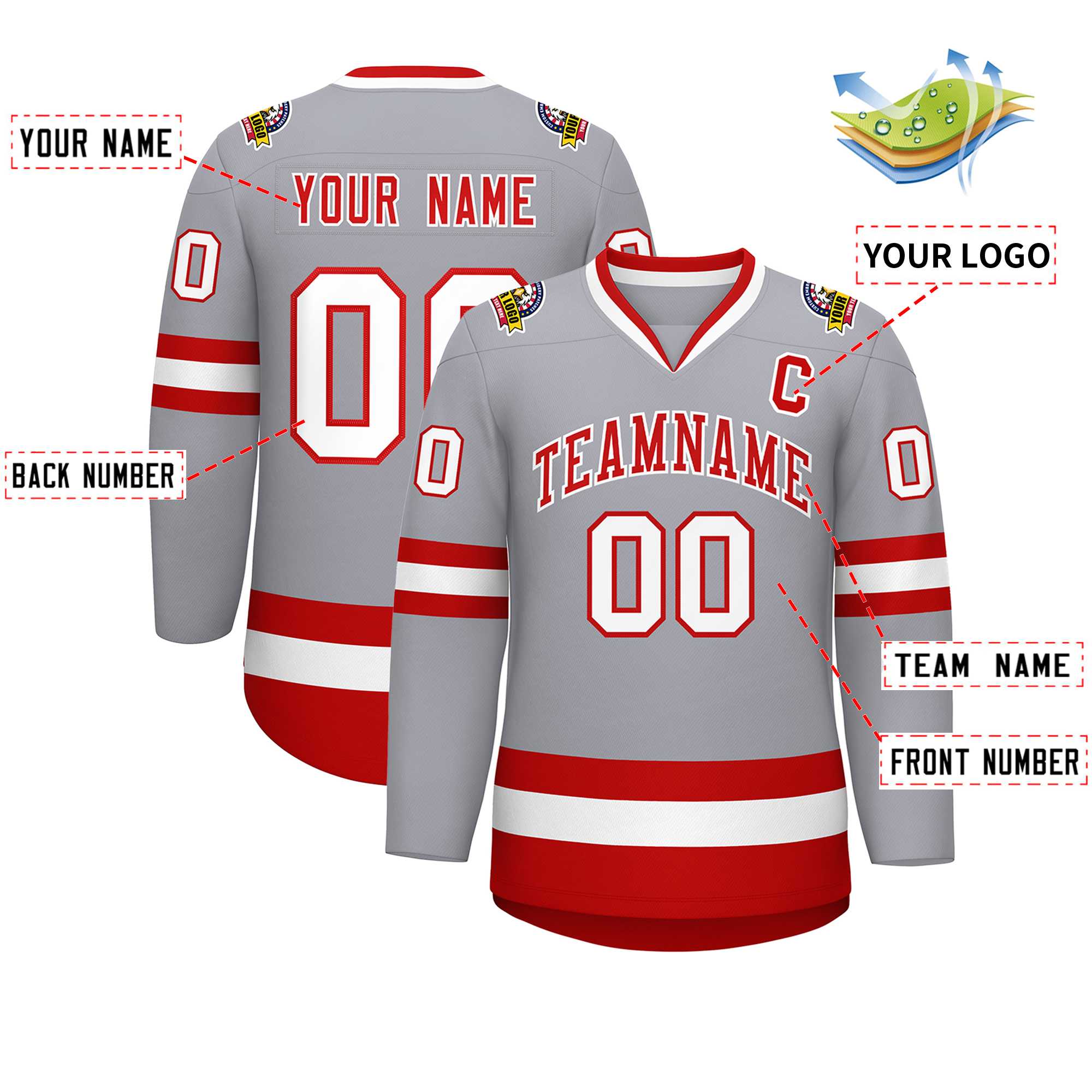 Custom Gray Red-White Classic Style Hockey Jersey