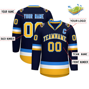 Custom Navy Gold White-Powder Blue Classic Style Hockey Jersey